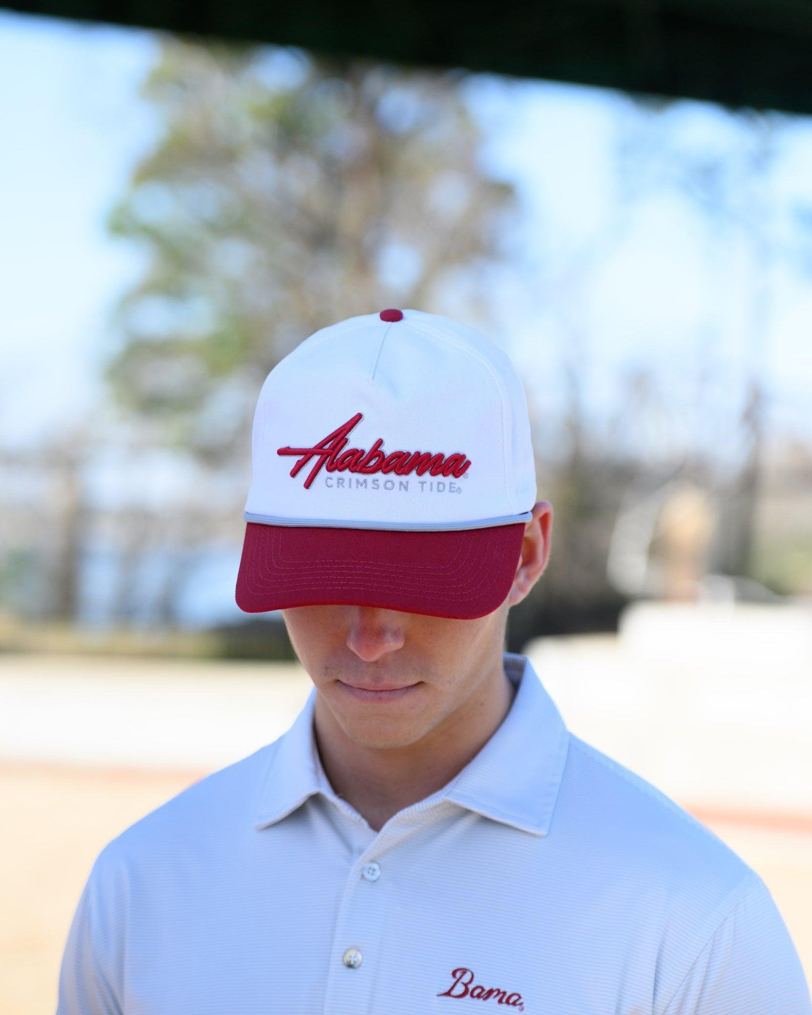 University of Alabama White and Red Hat with Red “Alabama” embroidery and Light Grey text “Crimson Tide”