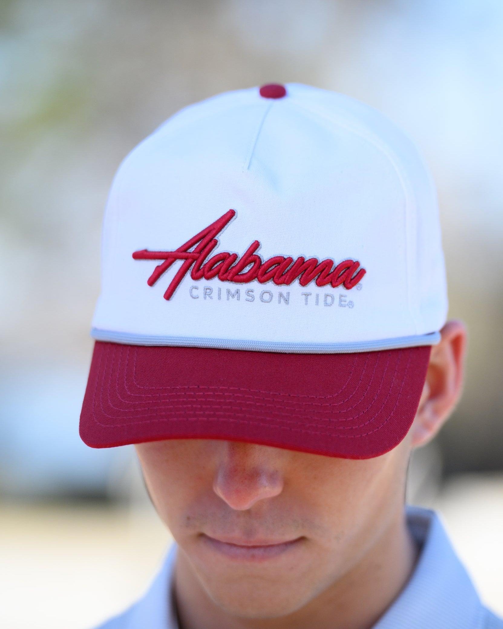 University of Alabama White and Red Hat with Red “Alabama” embroidery and Light Grey text “Crimson Tide”