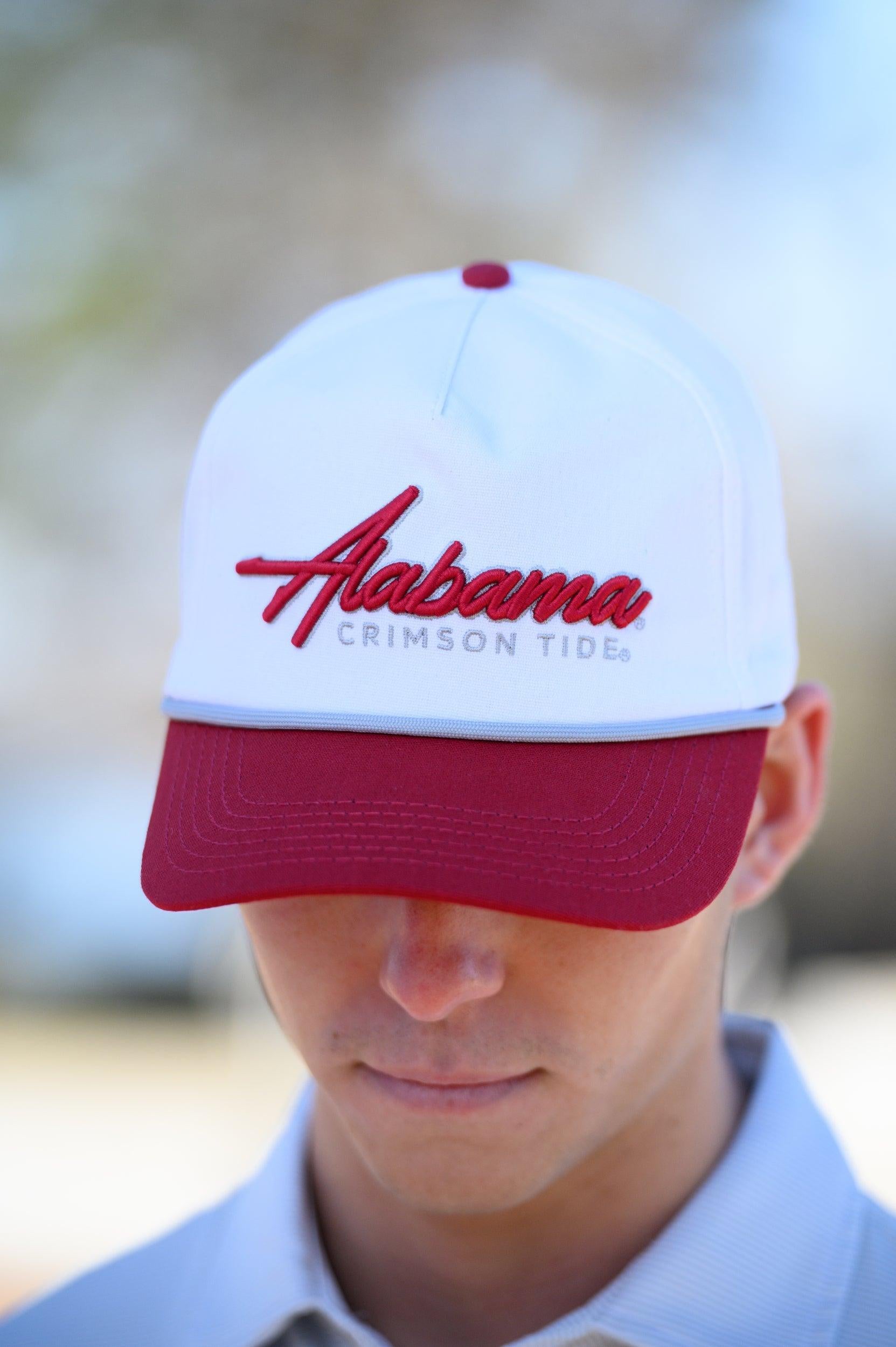 University of Alabama White and Red Hat with Red “Alabama” embroidery and Light Grey text “Crimson Tide”