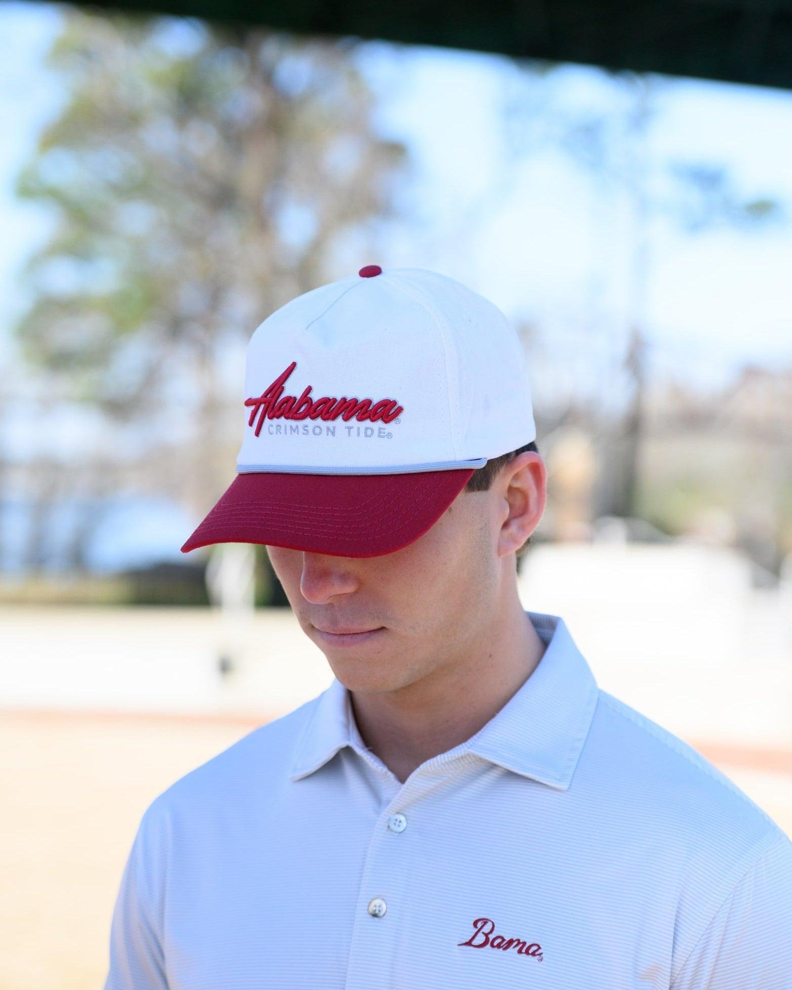 University of Alabama White and Red Hat with Red “Alabama” embroidery and Light Grey text “Crimson Tide”