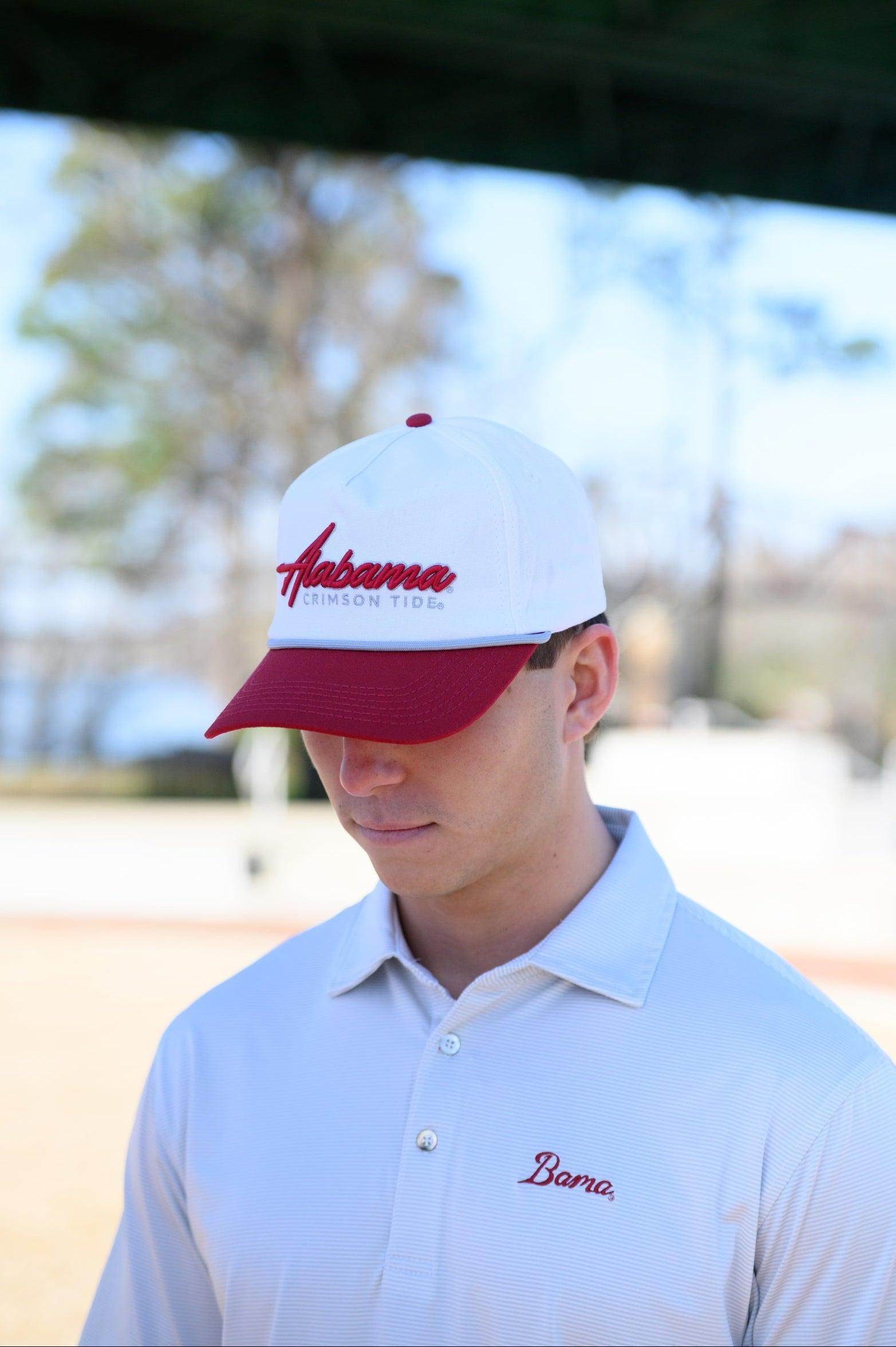 University of Alabama White and Red Hat with Red “Alabama” embroidery and Light Grey text “Crimson Tide”