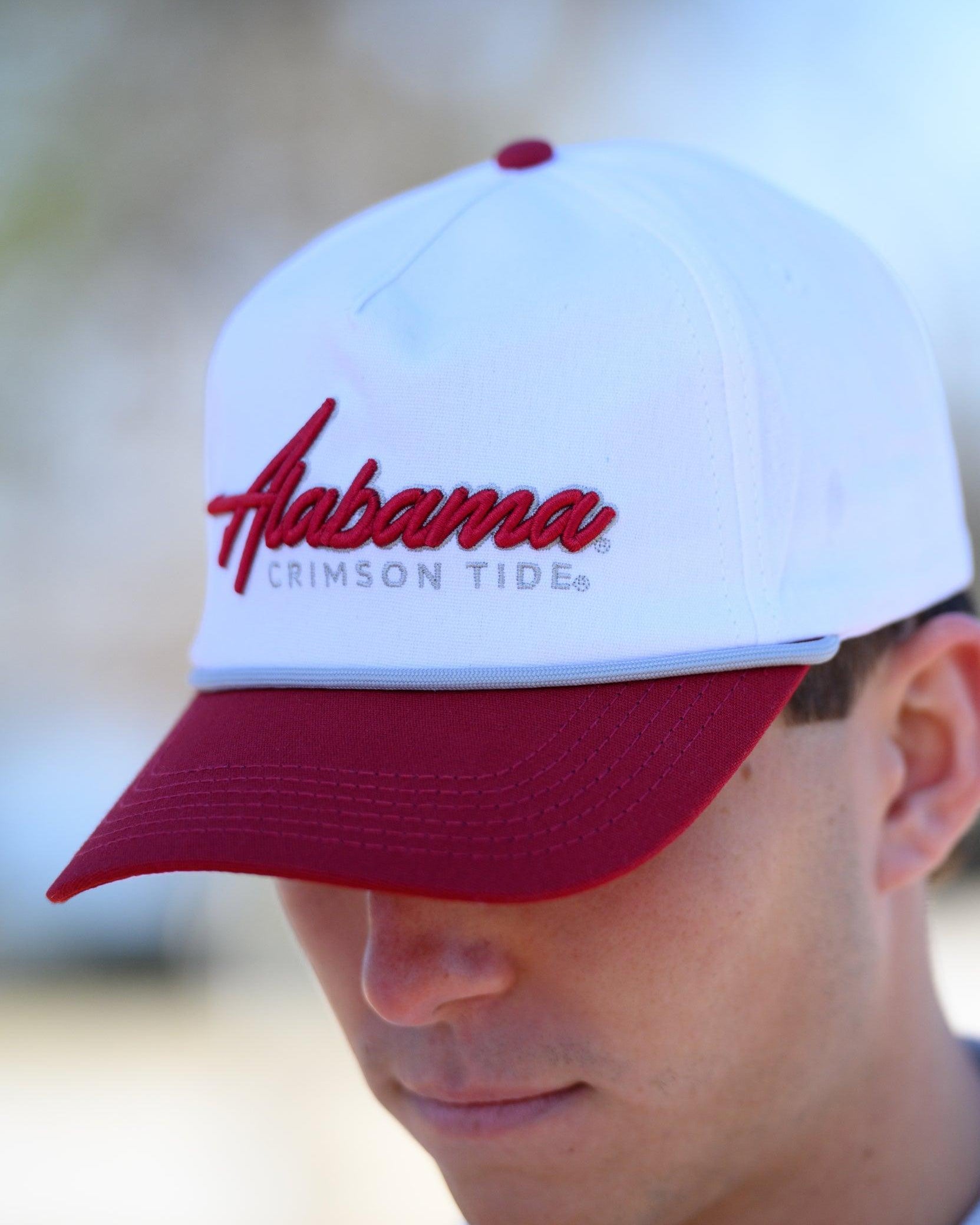 University of Alabama White and Red Hat with Red “Alabama” embroidery and Light Grey text “Crimson Tide”