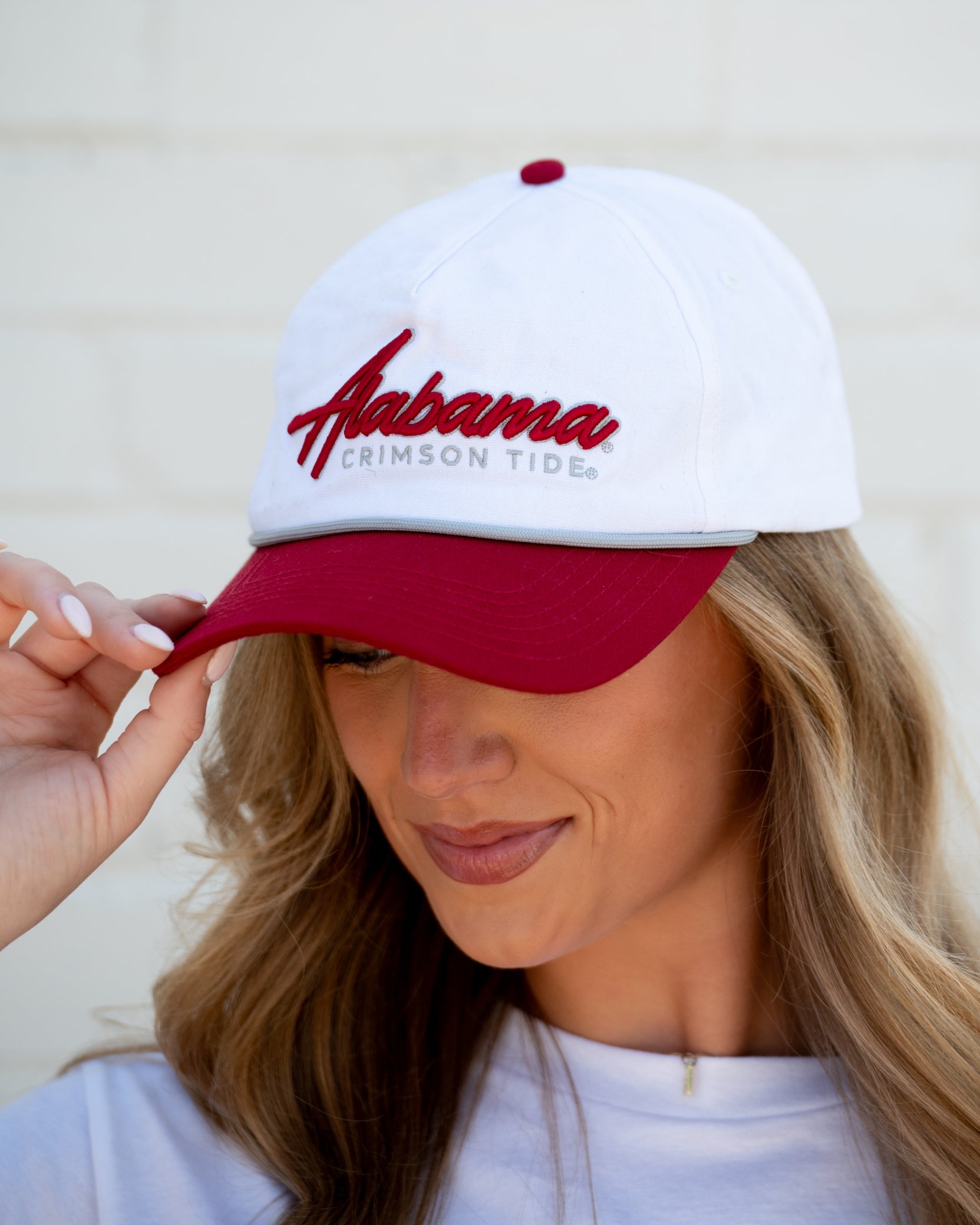 University of Alabama White and Red Hat with Red “Alabama” embroidery and Light Grey text “Crimson Tide”