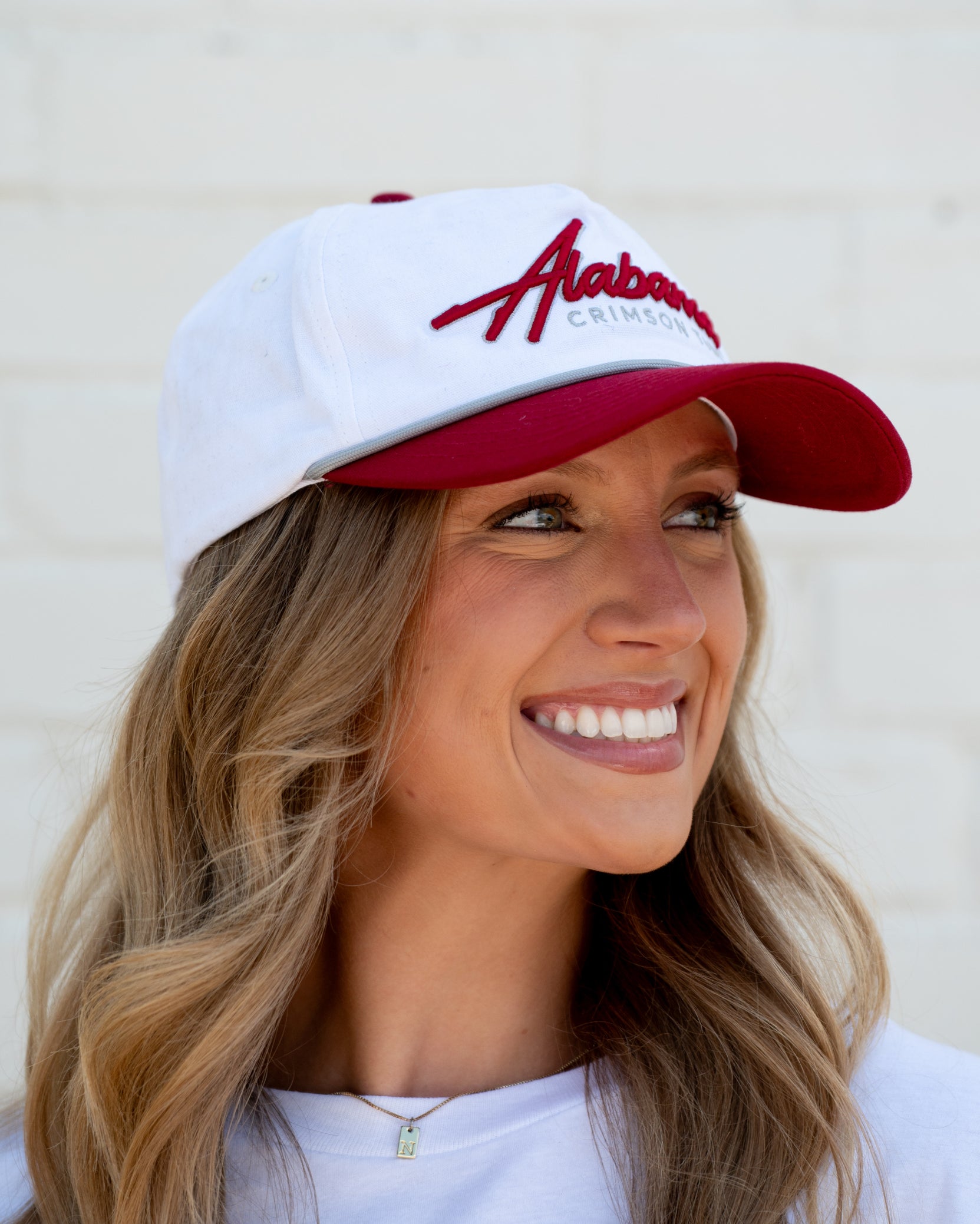 University of Alabama White and Red Hat with Red “Alabama” embroidery and Light Grey text “Crimson Tide”