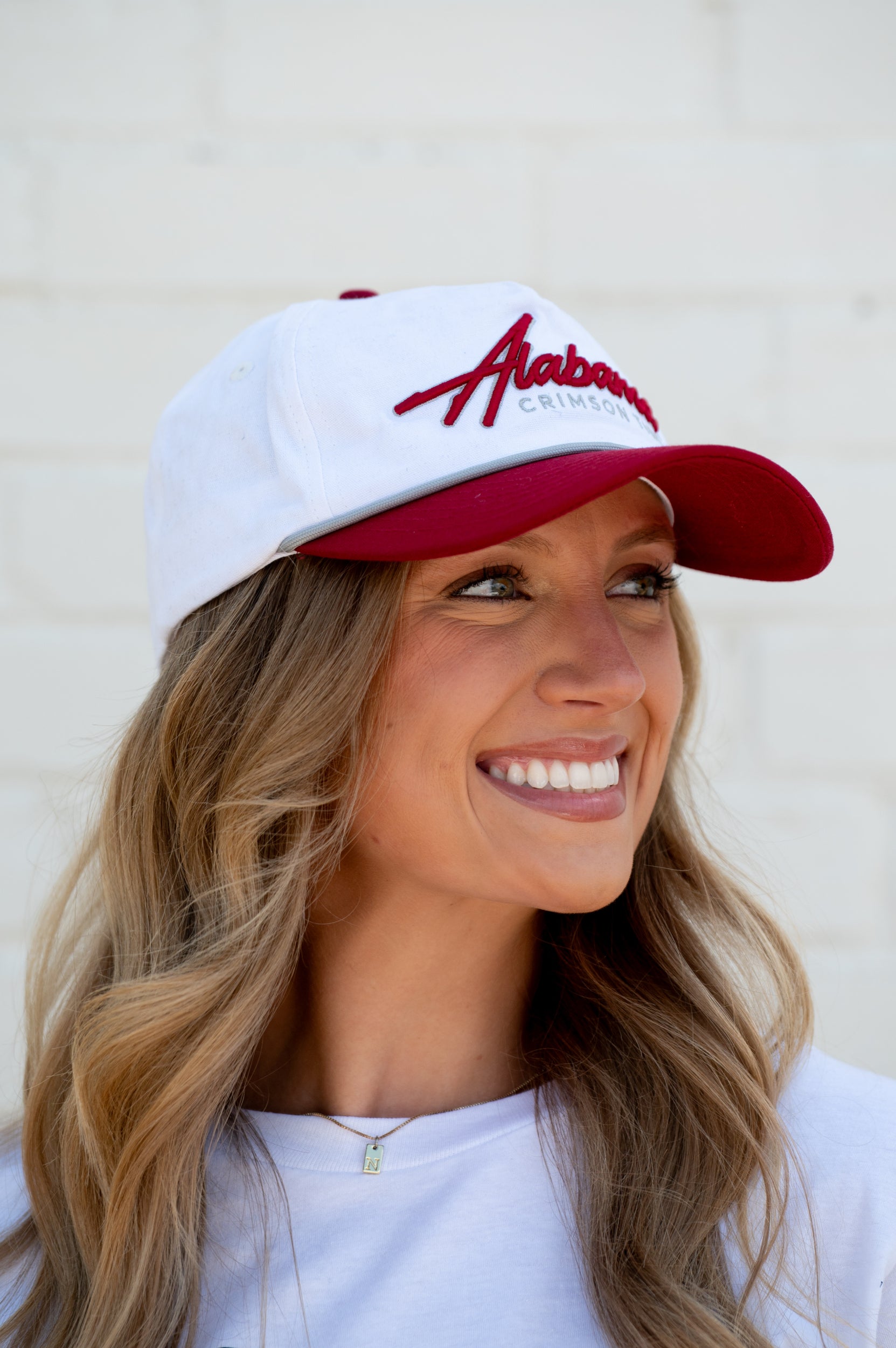 University of Alabama White and Red Hat with Red “Alabama” embroidery and Light Grey text “Crimson Tide”