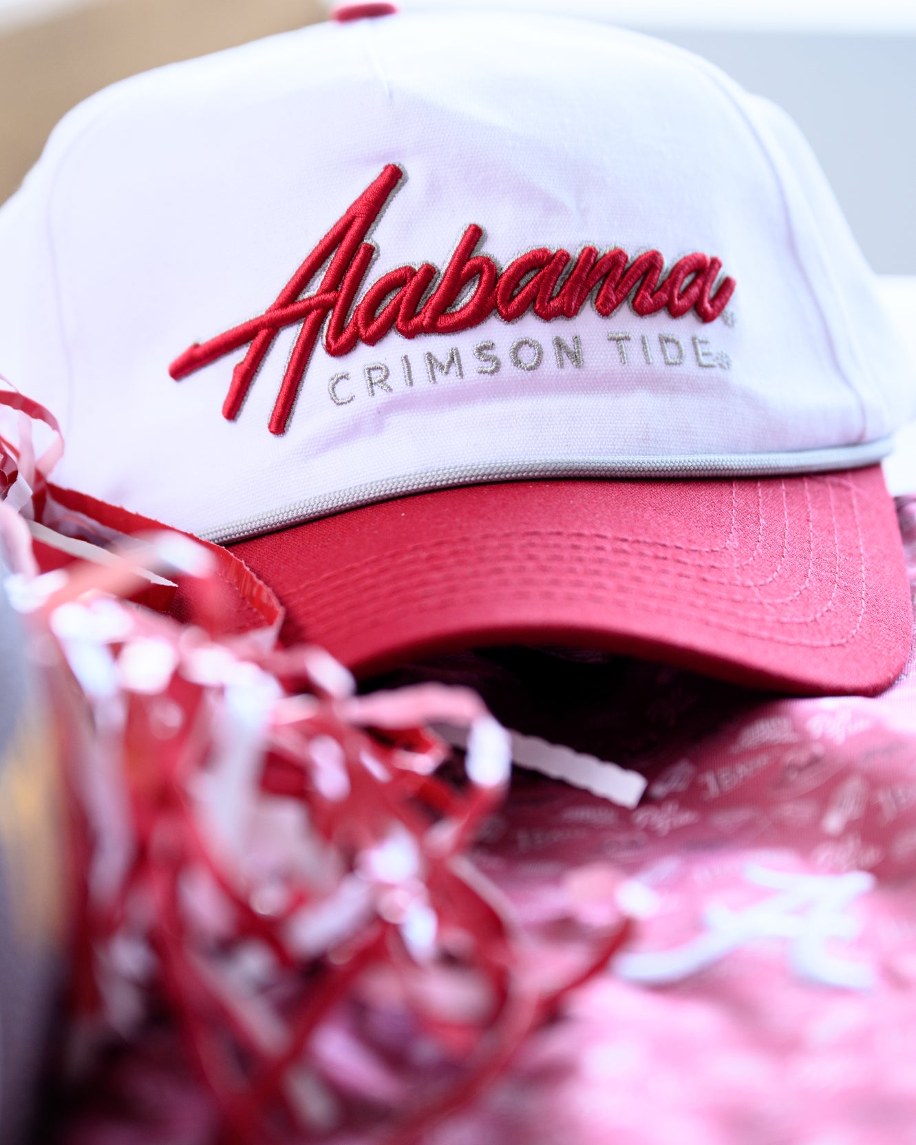 University of Alabama White and Red Hat with Red “Alabama” embroidery and Light Grey text “Crimson Tide”