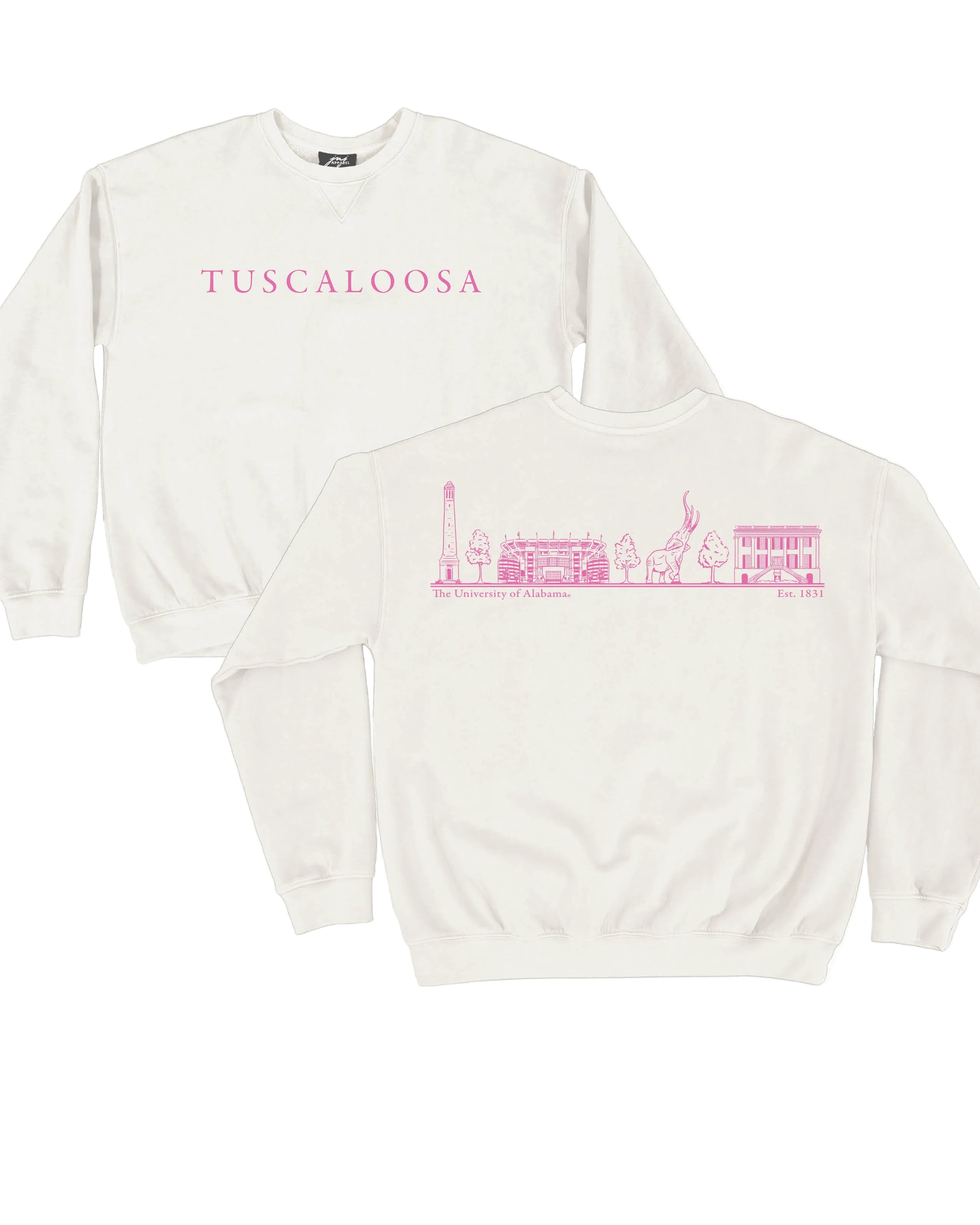 Local Merch Off-White Crewneck with Pink Text “Tuscaloosa” on the front, and Pink sketches of Denny Chimes, Bryant-Denny Stadium, the Tuska Stature, and President’s Mansion on the back