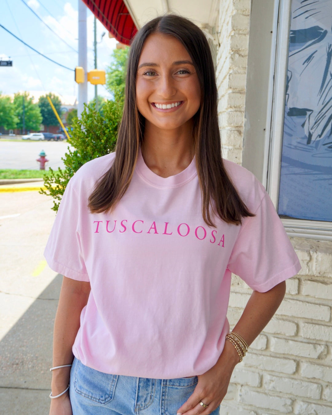 Local Merch Light Pink T-Shirt with Pink Text “Tuscaloosa” on the front