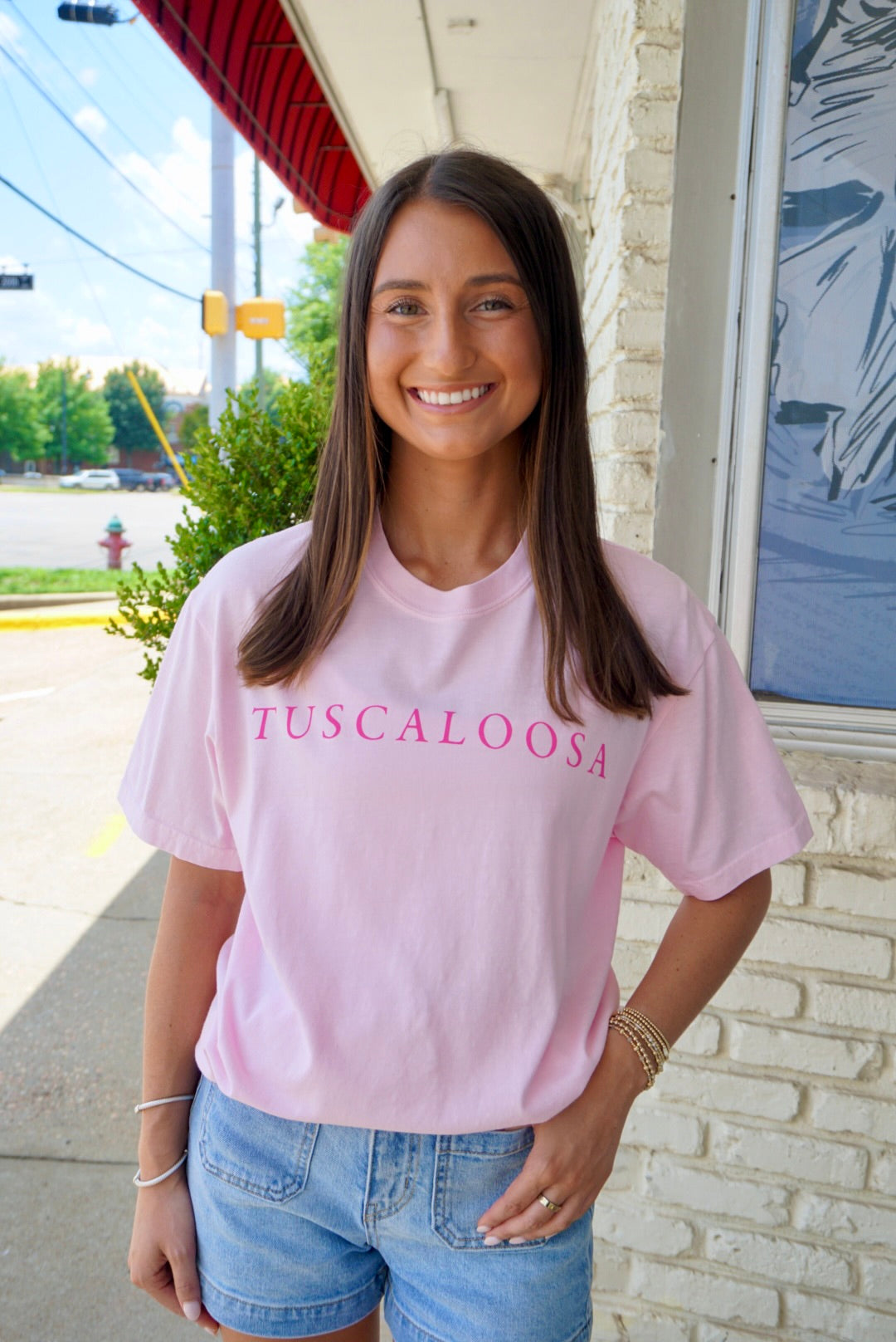 Local Merch Light Pink T-Shirt with Pink Text “Tuscaloosa” on the front