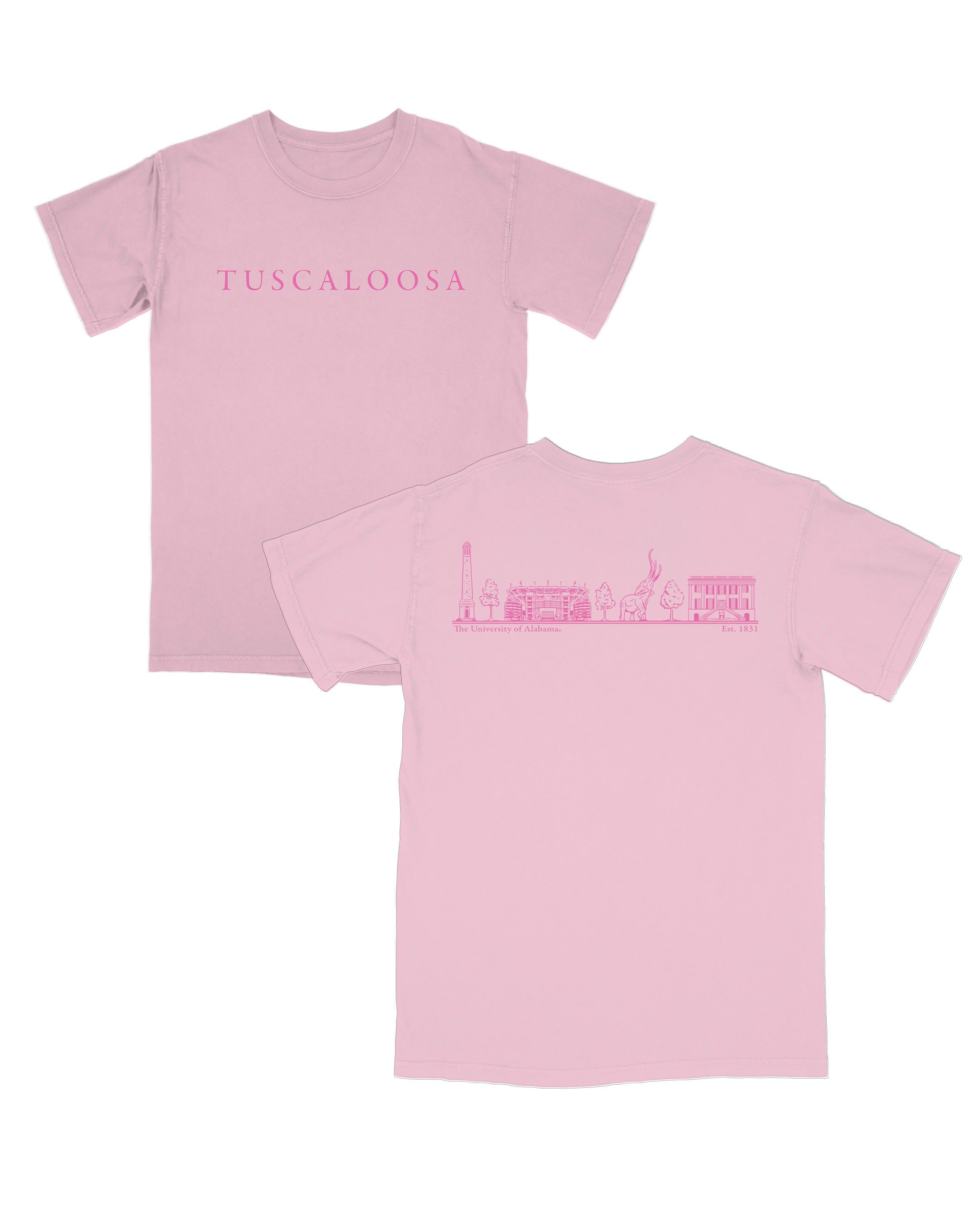 Local Merch Light Pink T-Shirt with Pink Text “Tuscaloosa” on the front, and Pink sketches of Denny Chimes, Bryant-Denny Stadium, the Tuska Stature, and President’s Mansion on the back