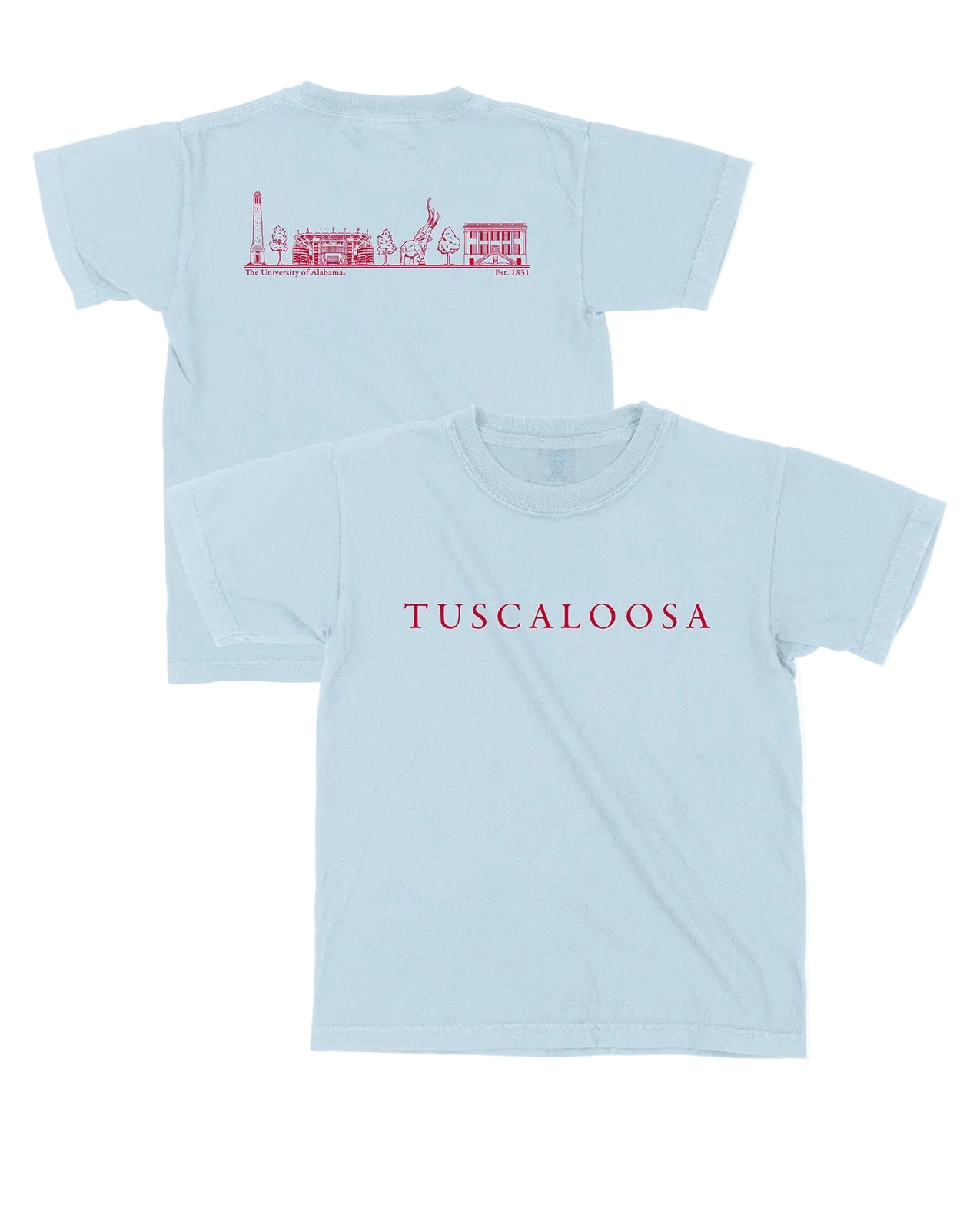 Local Merch Light Blue T-Shirt with Red Text “Tuscaloosa” on the front, and Red sketches of Denny Chimes, Bryant-Denny Stadium, the Tuska Stature, and President’s Mansion on the back