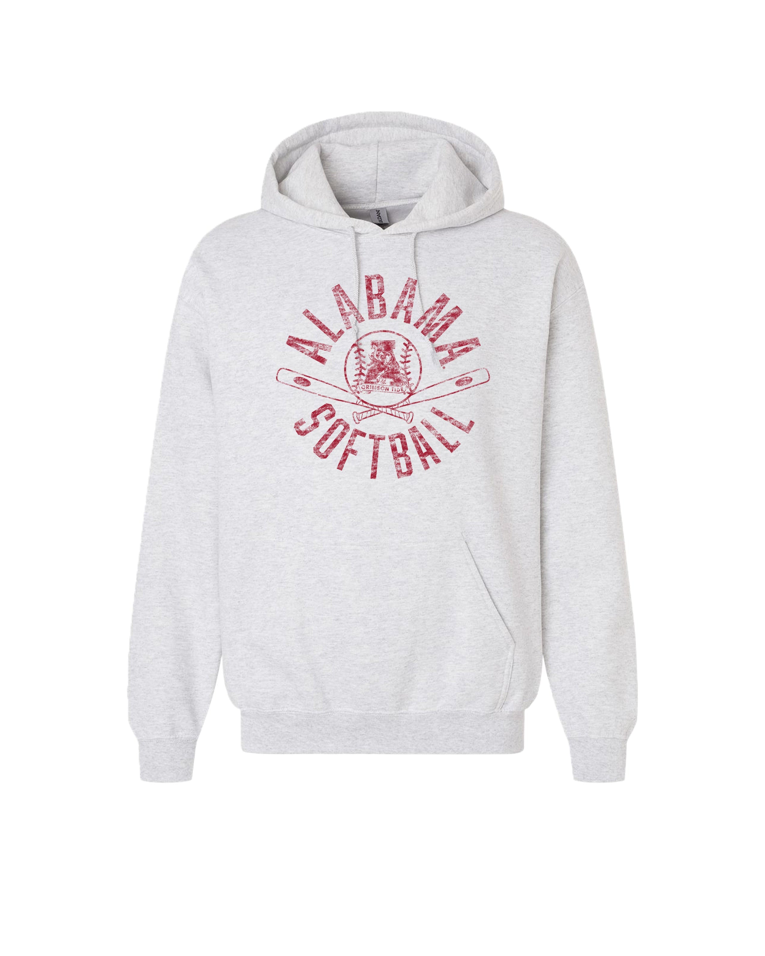University of Alabama Distressed Light Grey Hoodie with a Red Softball featuring the Vintage A logo over crossed softball bats, surrounded by Red text “Alabama Softball”