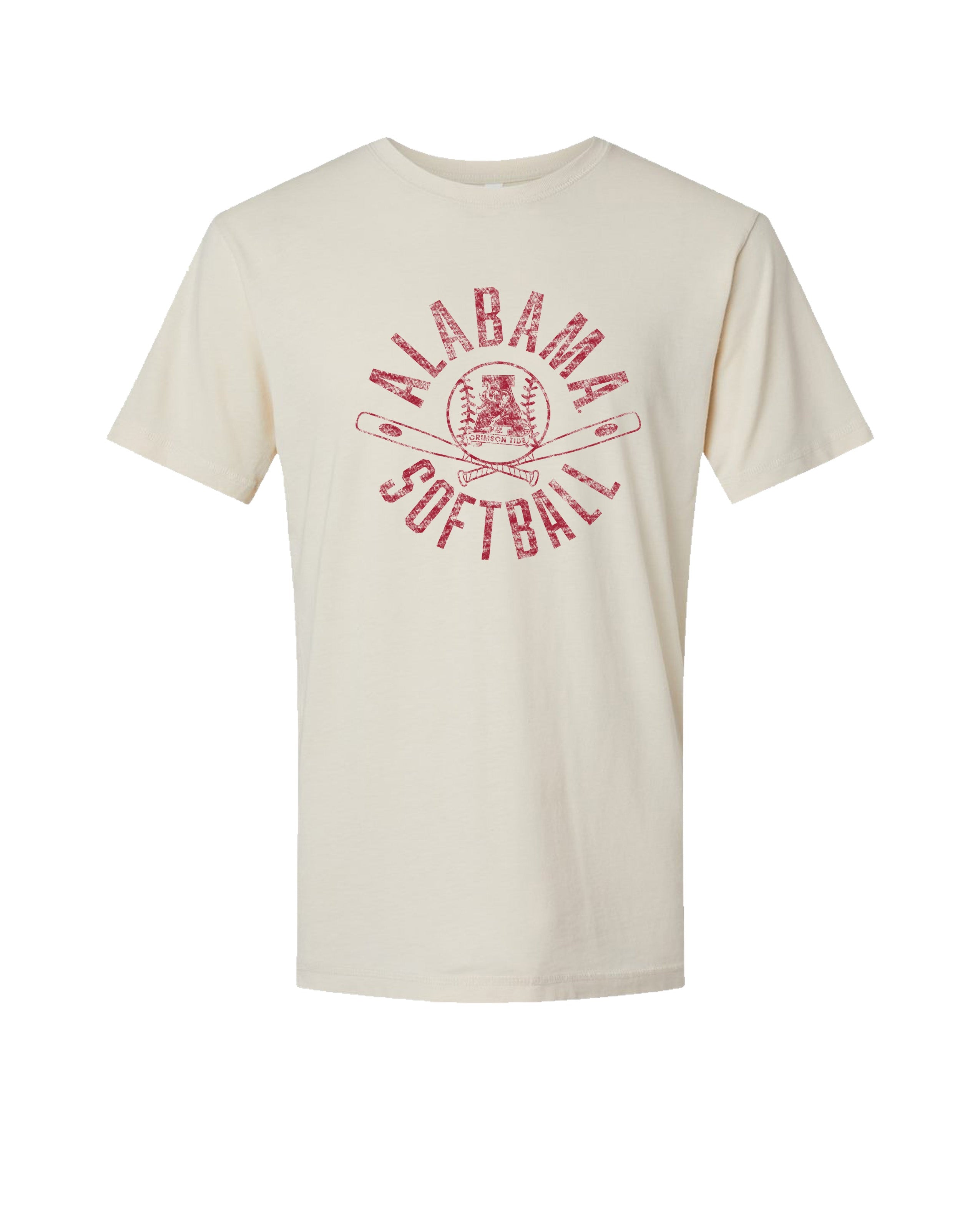 University of Alabama Distressed Ivory T-Shirt with a Red Softball featuring the Vintage A logo over crossed softball bats, surrounded by Red text “Alabama Softball”