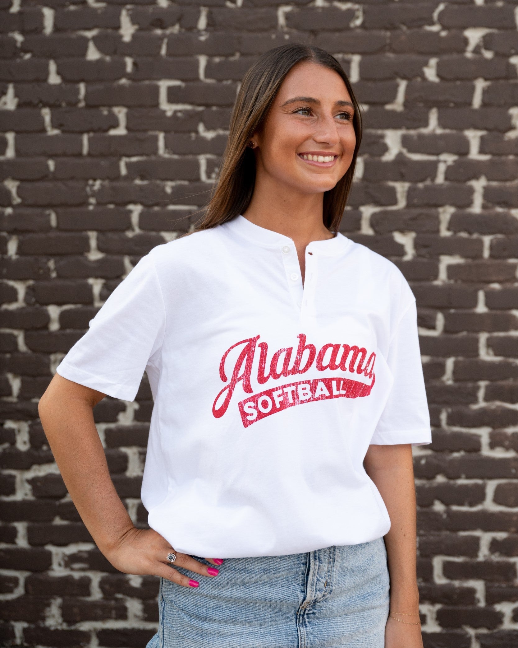 University of Alabama Alabama Softball  White Henley Startee CVC with the Red script "Alabama" and White text "SOFTBALL" inside the script tail