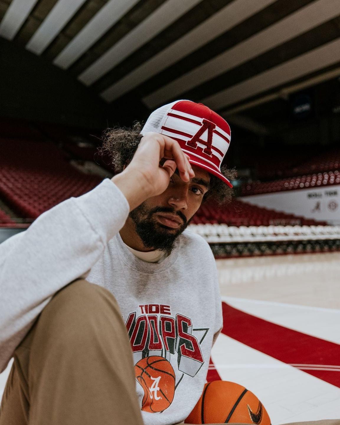 University of Alabama Red and White Trucker Hat with White piping, White stripes, and a fuzzy Crimson Block A patch