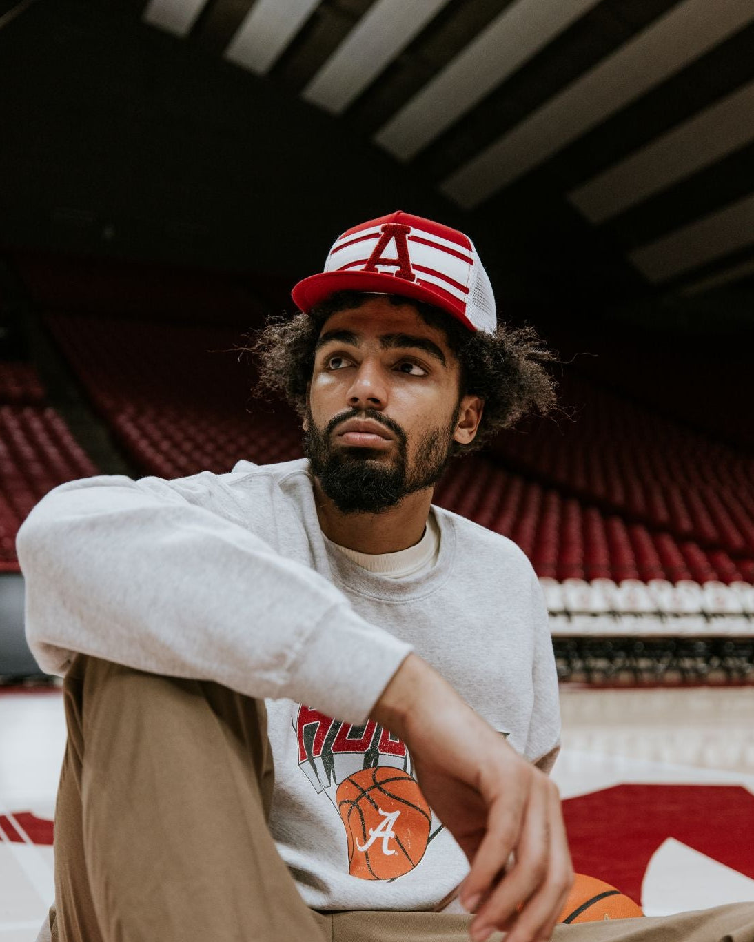 University of Alabama Red and White Trucker Hat with White piping, White stripes, and a fuzzy Crimson Block A patch