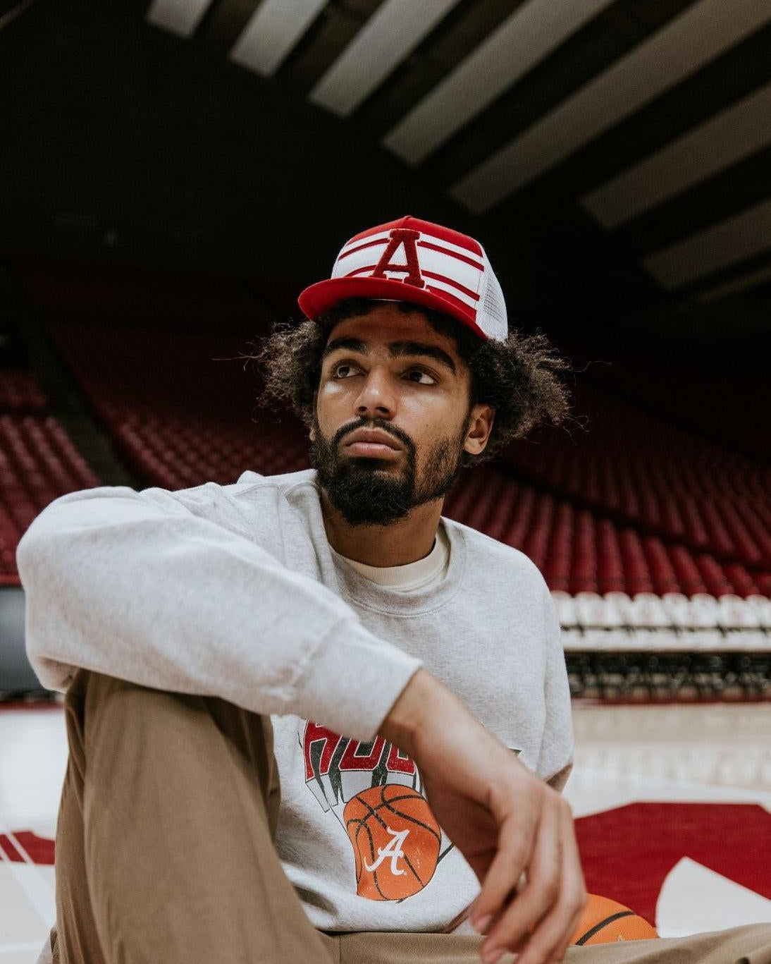 University of Alabama Red and White Trucker Hat with White piping, White stripes, and a fuzzy Crimson Block A patch
