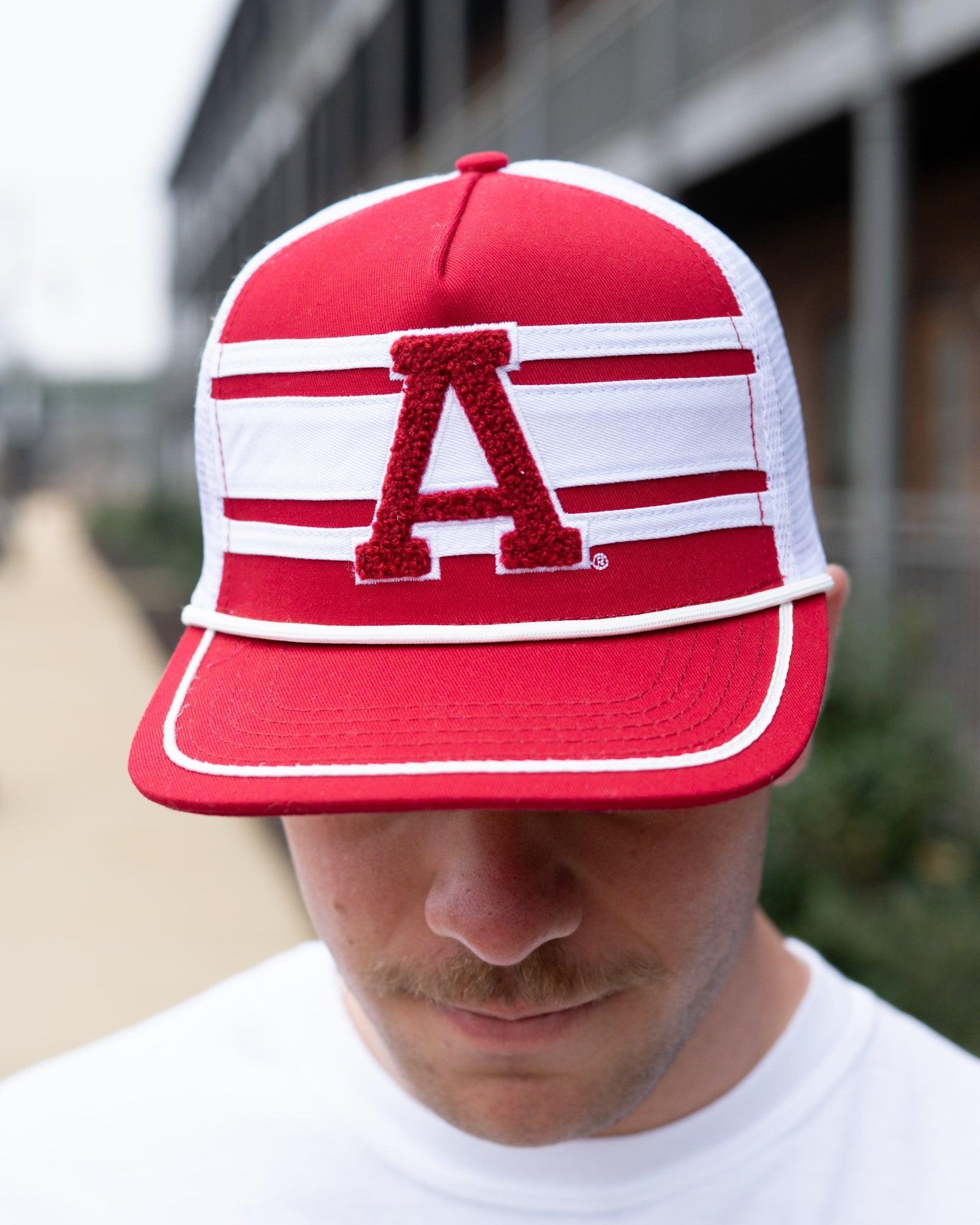 University of Alabama Red and White Trucker Hat with White piping, White stripes, and a fuzzy Crimson Block A patch