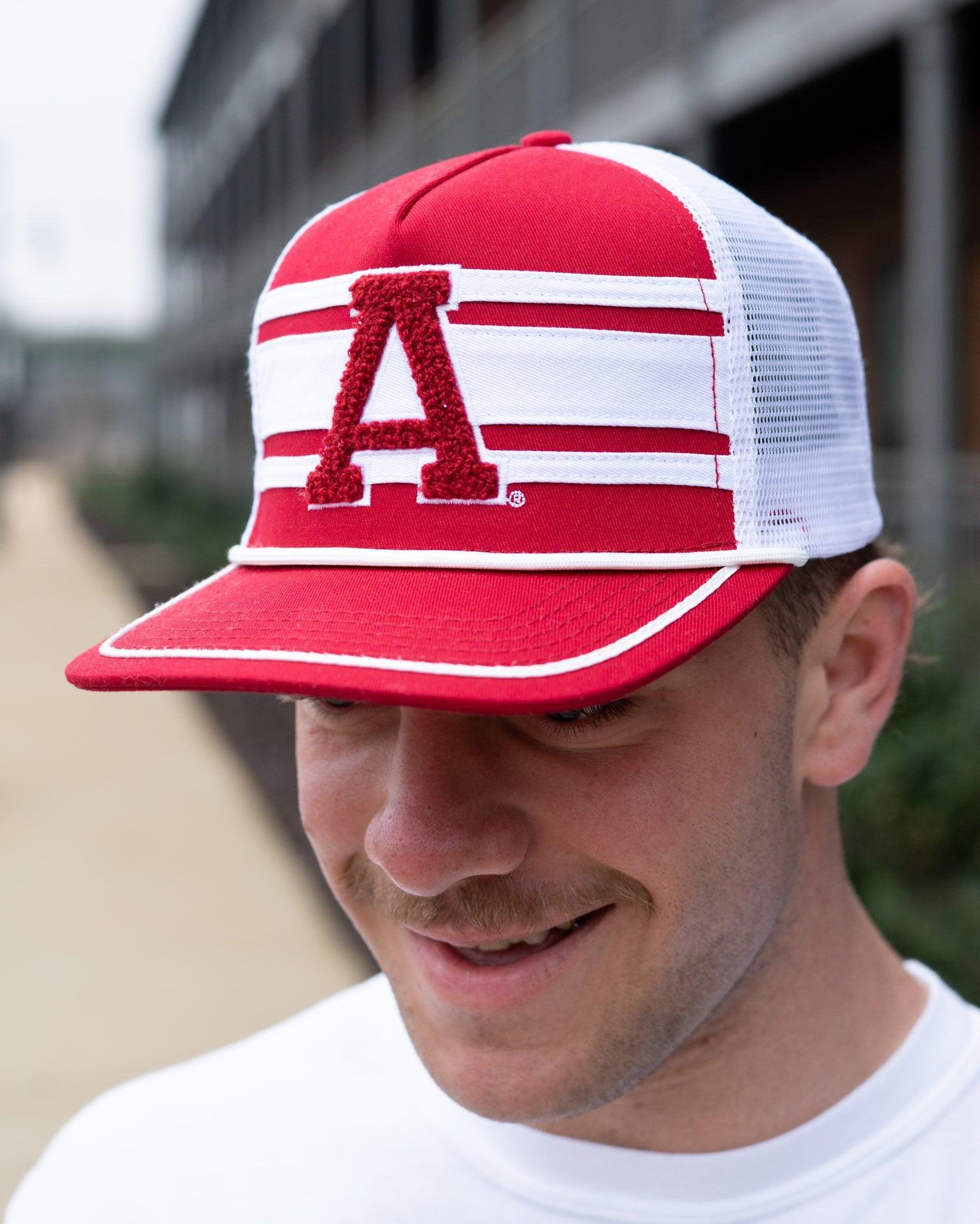 University of Alabama Red and White Trucker Hat with White piping, White stripes, and a fuzzy Crimson Block A patch