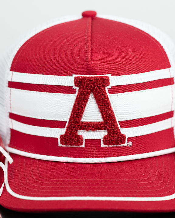 University of Alabama Red and White Trucker Hat with White piping, White stripes, and a fuzzy Crimson Block A patch
