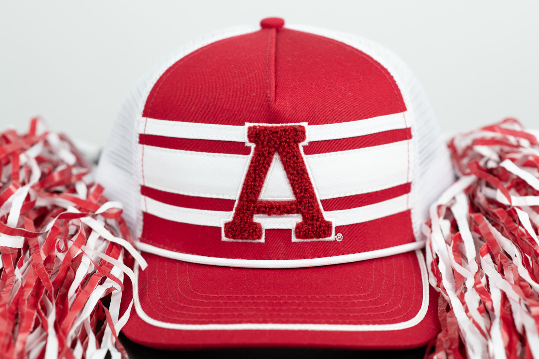 University of Alabama Red and White Trucker Hat with White piping, White stripes, and a fuzzy Crimson Block A patch