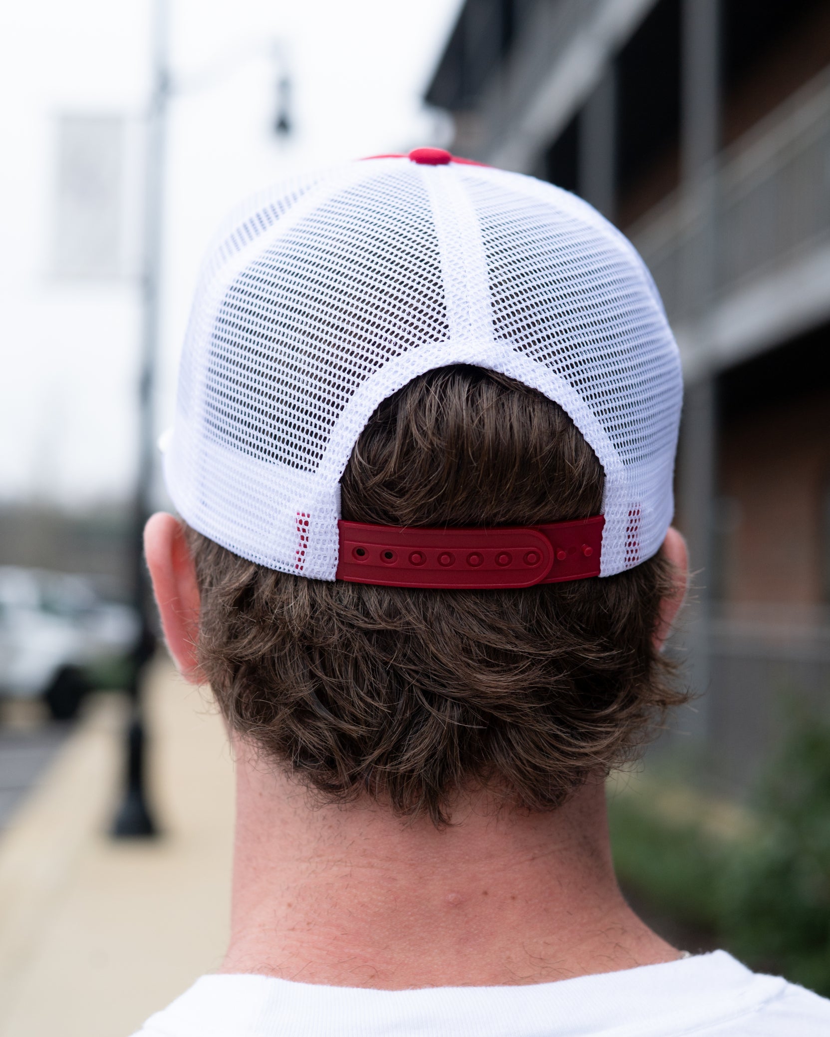 University of Alabama Red and White Trucker Hat with White piping, White stripes, and a fuzzy Crimson Block A patch
snapback