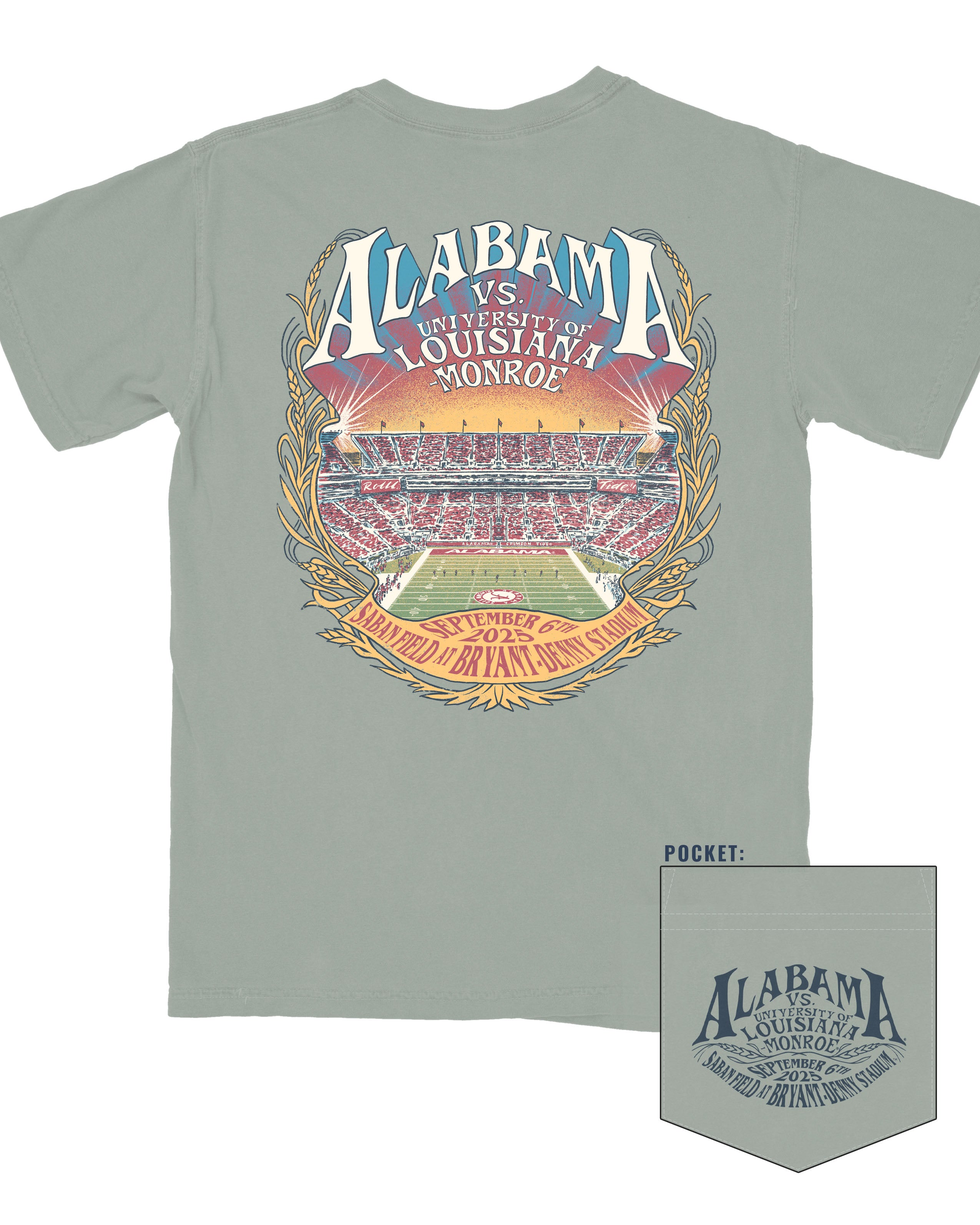 University of Alabama Green T-Shirt with text “Alabama vs. Louisiana Monroe” above a crowded Bryant-Denny Stadium