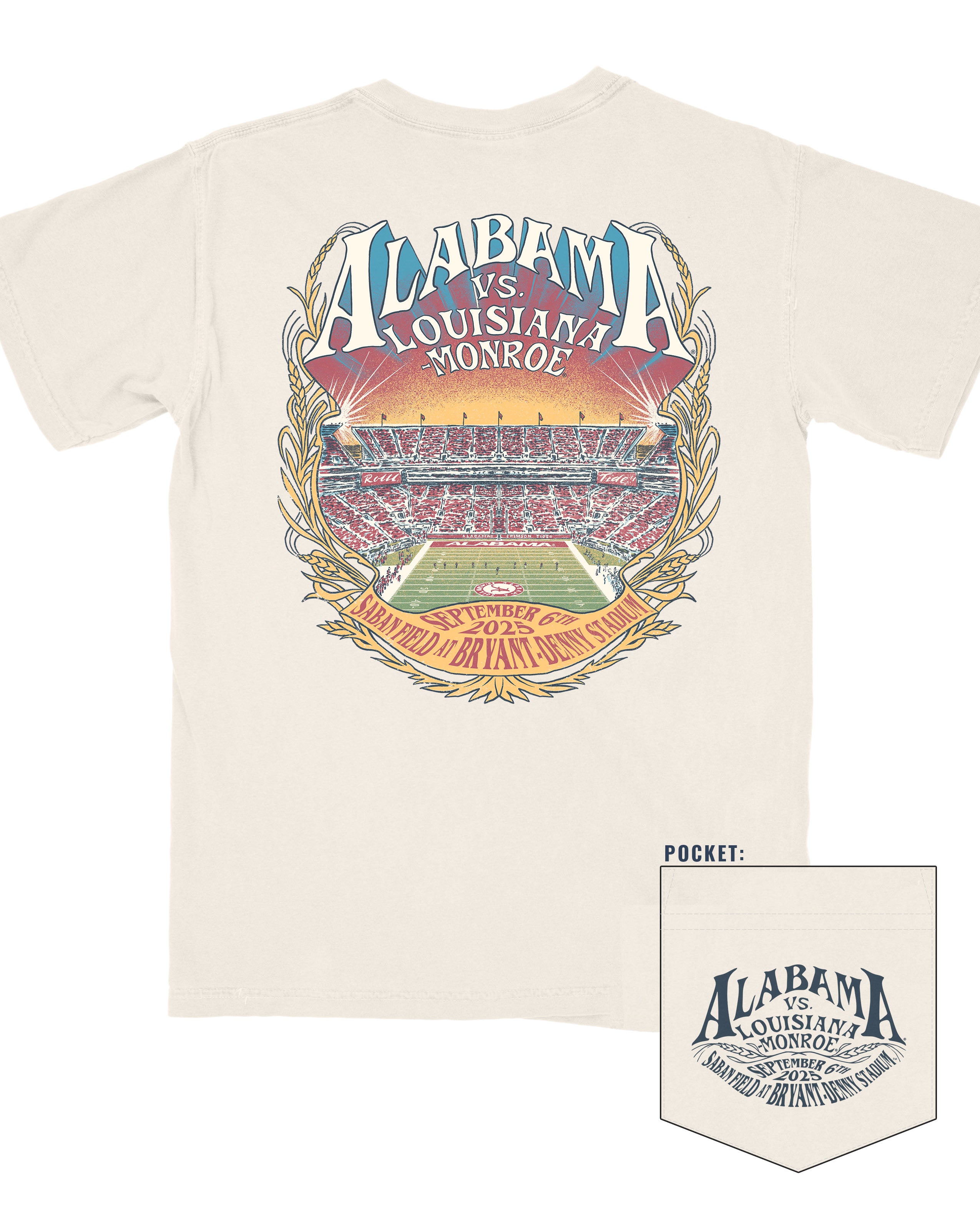 University of Alabama Ivory T-Shirt with text “Alabama vs. Louisiana Monroe” above a crowded Bryant-Denny Stadium
