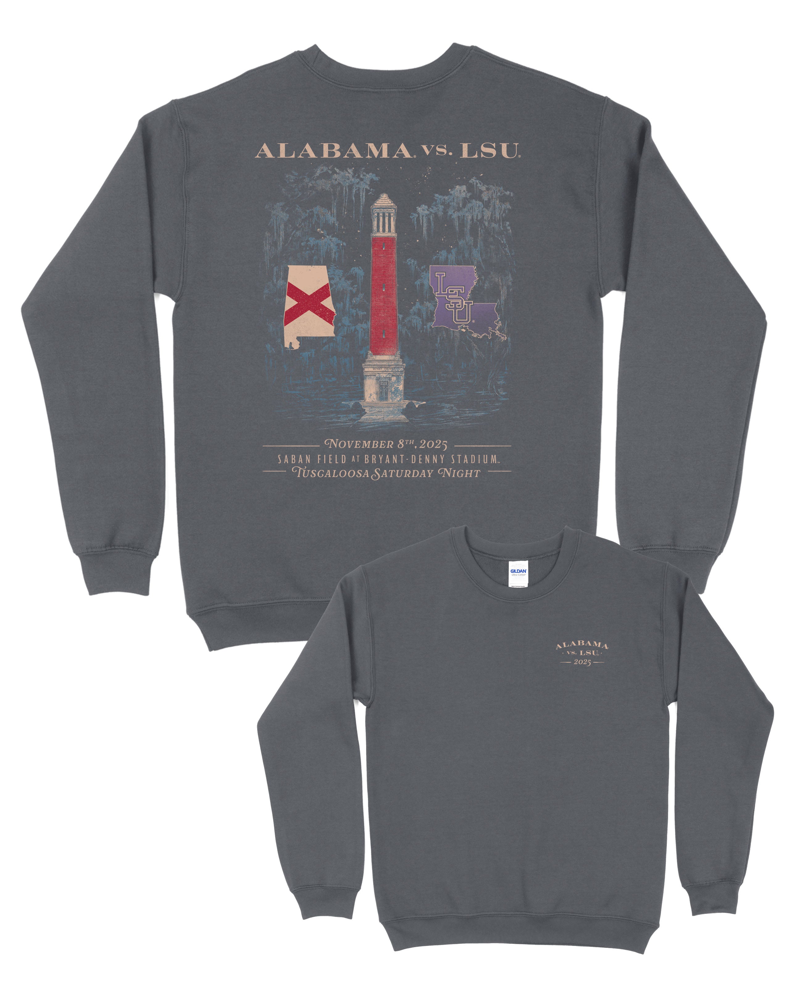 University of Alabama Dark Grey Sweatshirt with an illustration of Denny Chimes inside a swamp with the Alabama state outline on the left and the Louisiana State outline on the right.