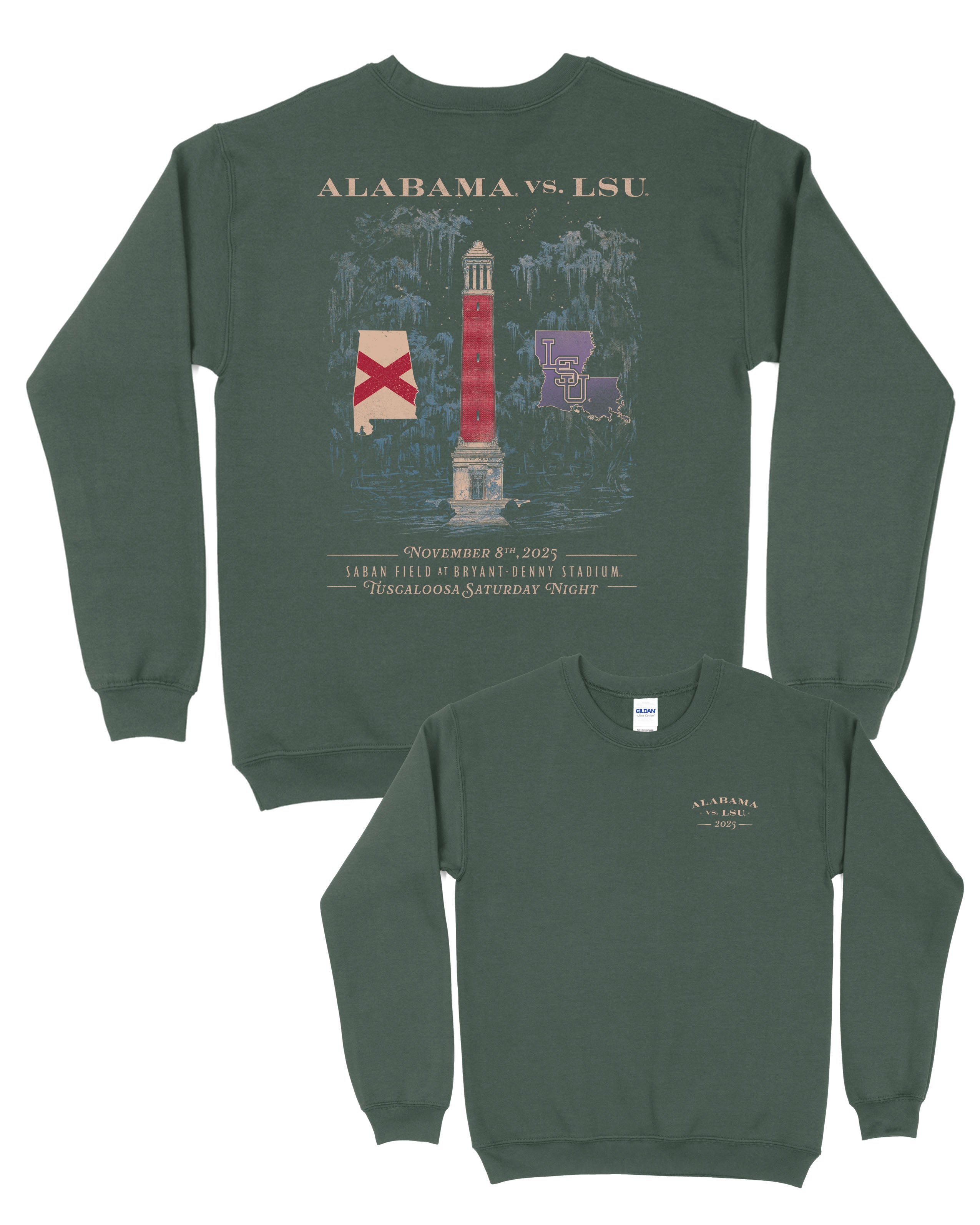 University of Alabama Dark Green Sweatshirt with an illustration of Denny Chimes inside a swamp with the Alabama state outline on the left and the Louisiana State outline on the right.