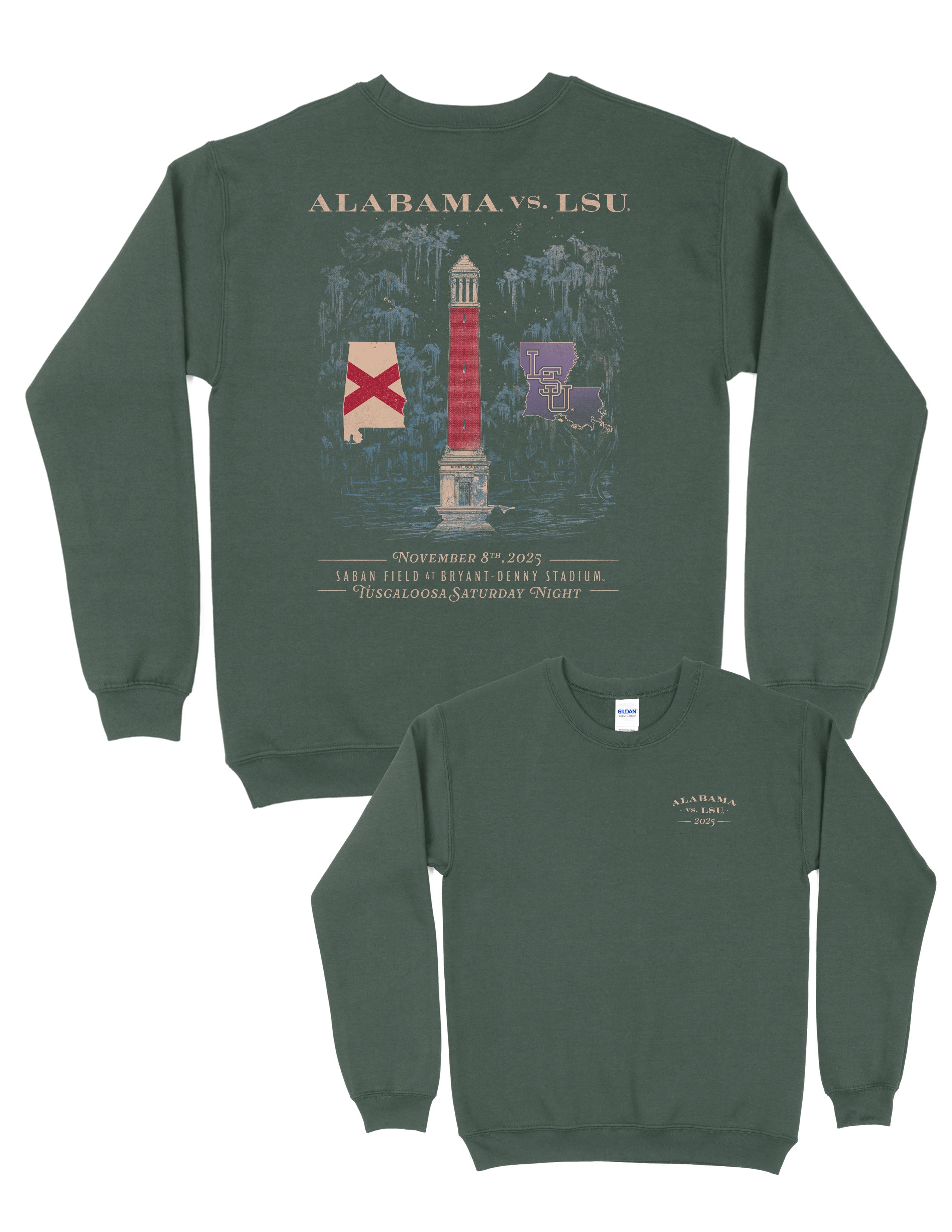 University of Alabama Dark Green Sweatshirt with an illustration of Denny Chimes inside a swamp with the Alabama state outline on the left and the Louisiana State outline on the right.
