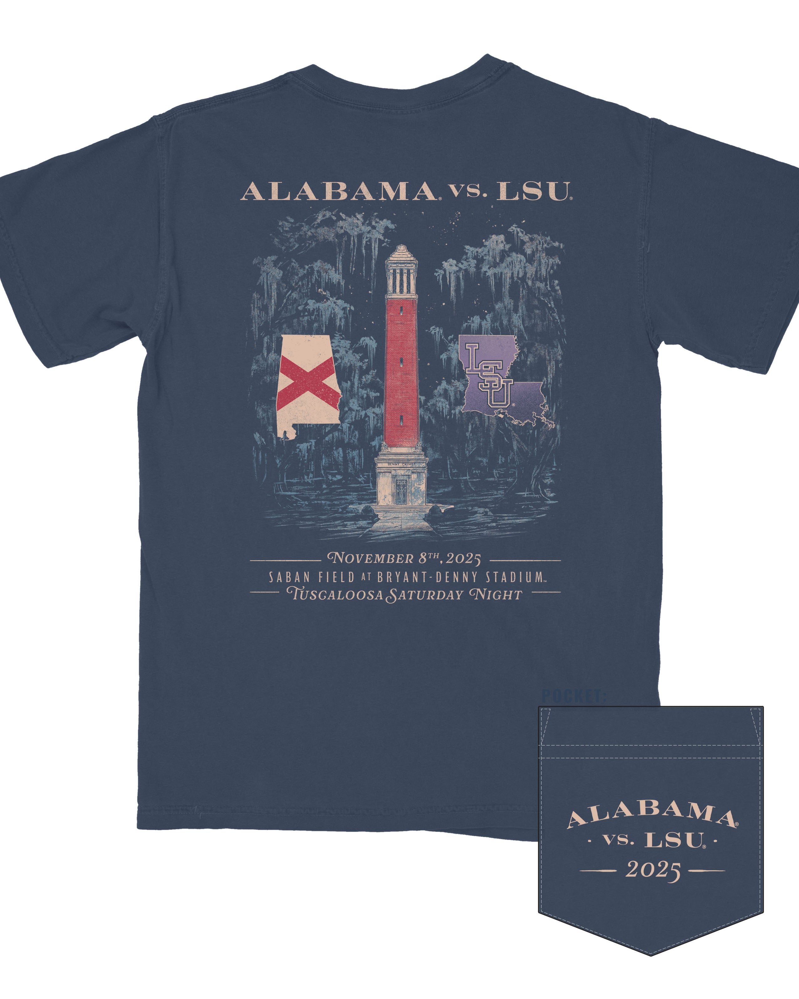 University of Alabama Navy Shirt with an illustration of Denny Chimes inside a swamp with the Alabama state outline on the left and the Louisiana State outline on the right.