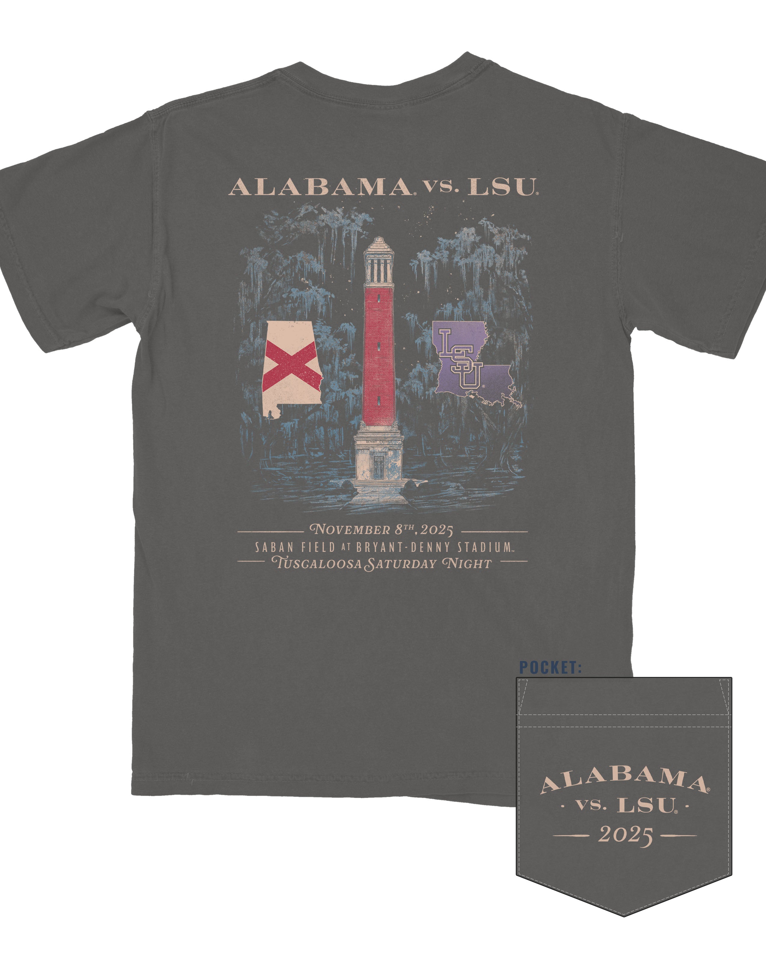 University of Alabama Dark Grey Shirt with an illustration of Denny Chimes inside a swamp with the Alabama state outline on the left and the Louisiana State outline on the right.