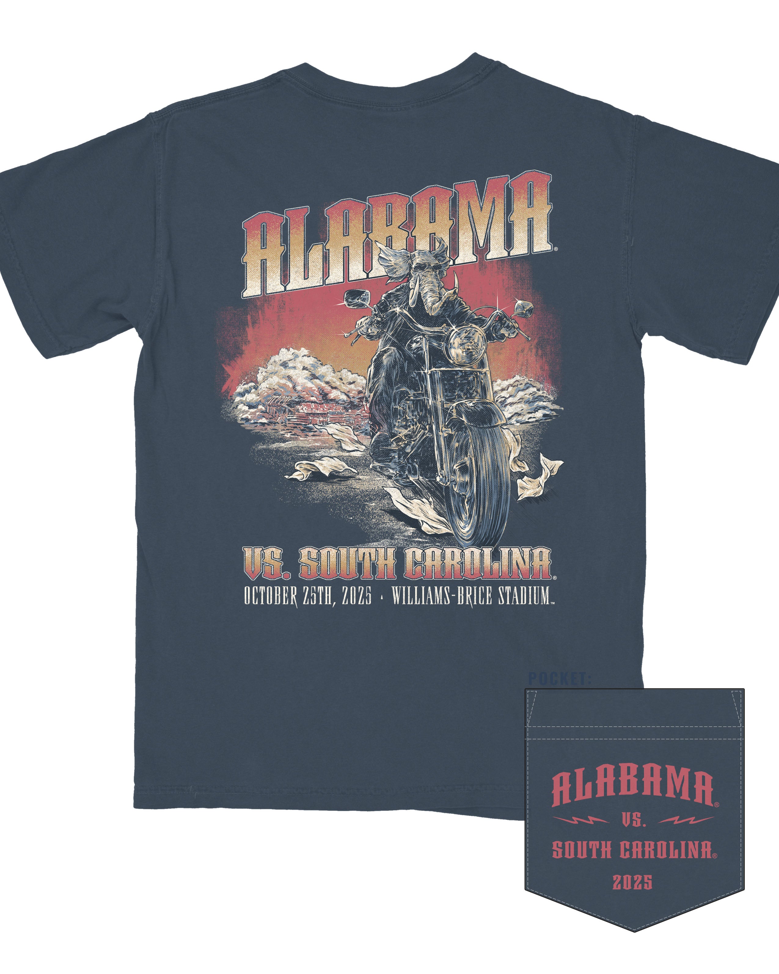 University of Alabama Navy Shirt with Big Al riding a motorcycle in front of a Crimson Tide in between text “Alabama vs. South Carolina”