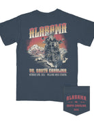 University of Alabama Navy Shirt with Big Al riding a motorcycle in front of a Crimson Tide in between text “Alabama vs. South Carolina”