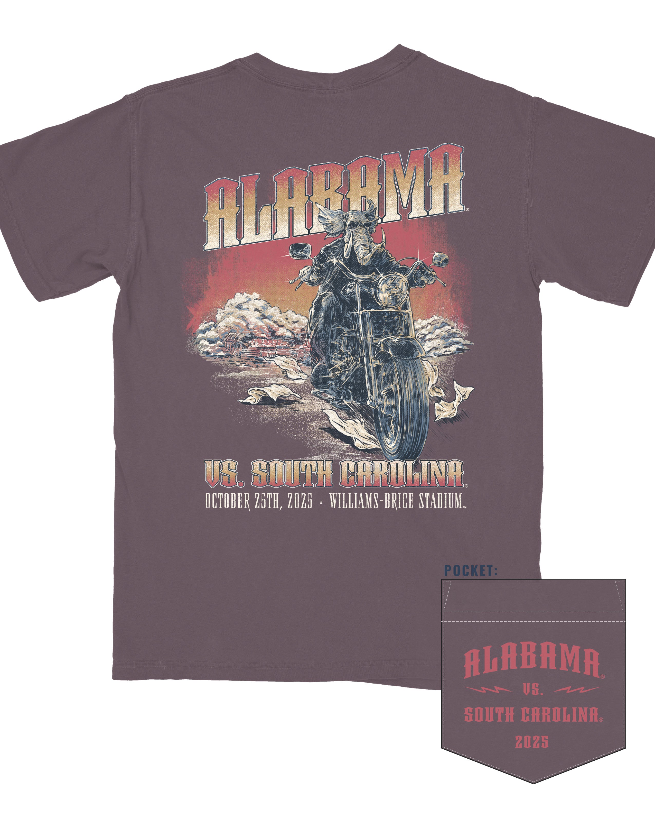 University of Alabama Purple Shirt with Big Al riding a motorcycle in front of a Crimson Tide in between text “Alabama vs. South Carolina”