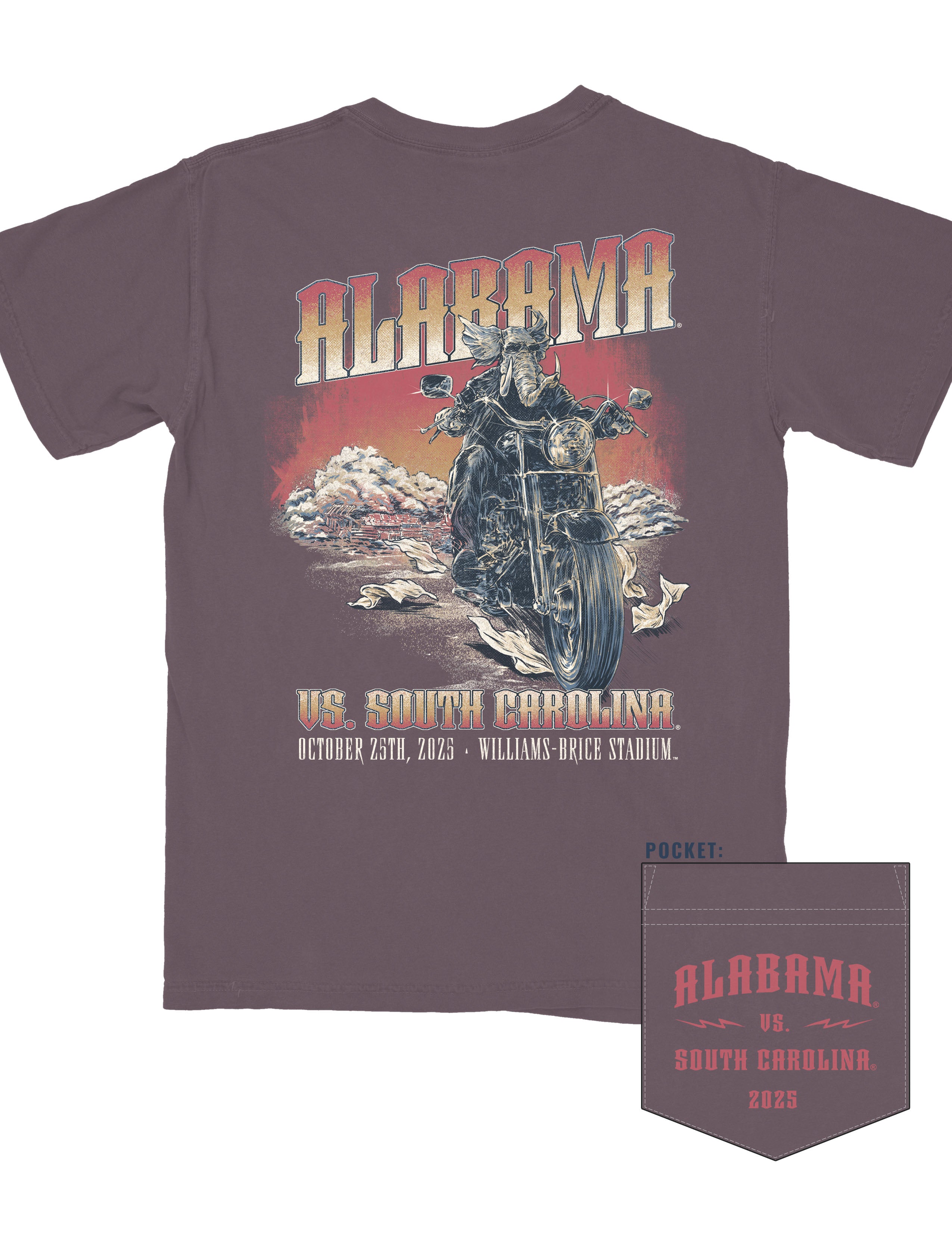 University of Alabama Purple Shirt with Big Al riding a motorcycle in front of a Crimson Tide in between text “Alabama vs. South Carolina”