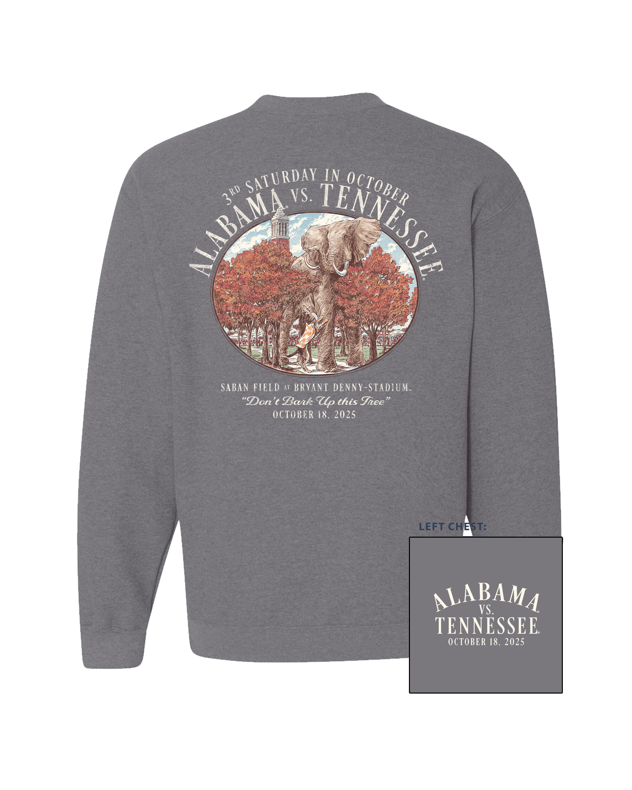 University of Alabama Grey Sweatshirt with an illustration of an elephant smashing Tennessee memorabilia