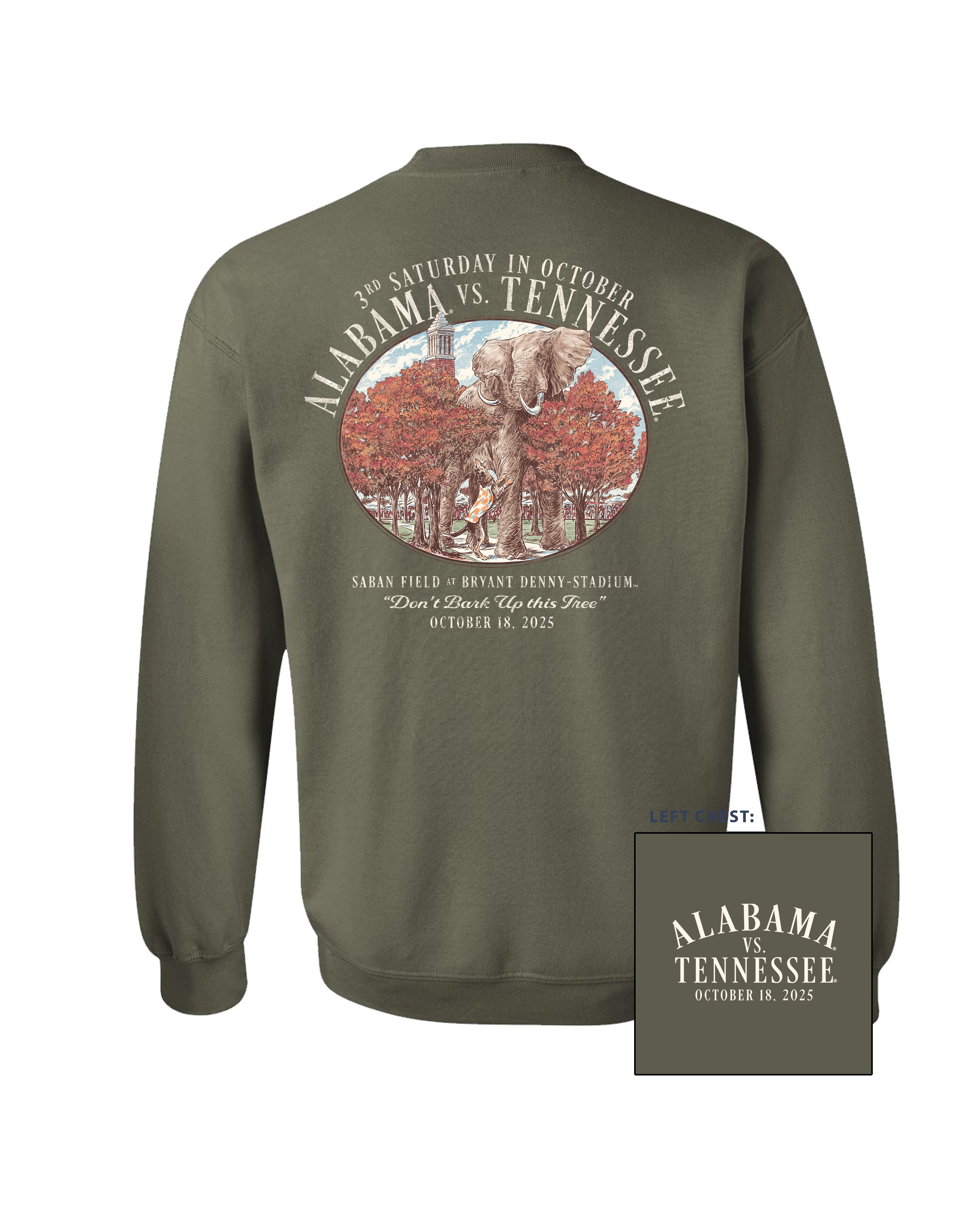 University of Alabama Army Green Sweatshirt with an illustration of an elephant smashing Tennessee memorabilia