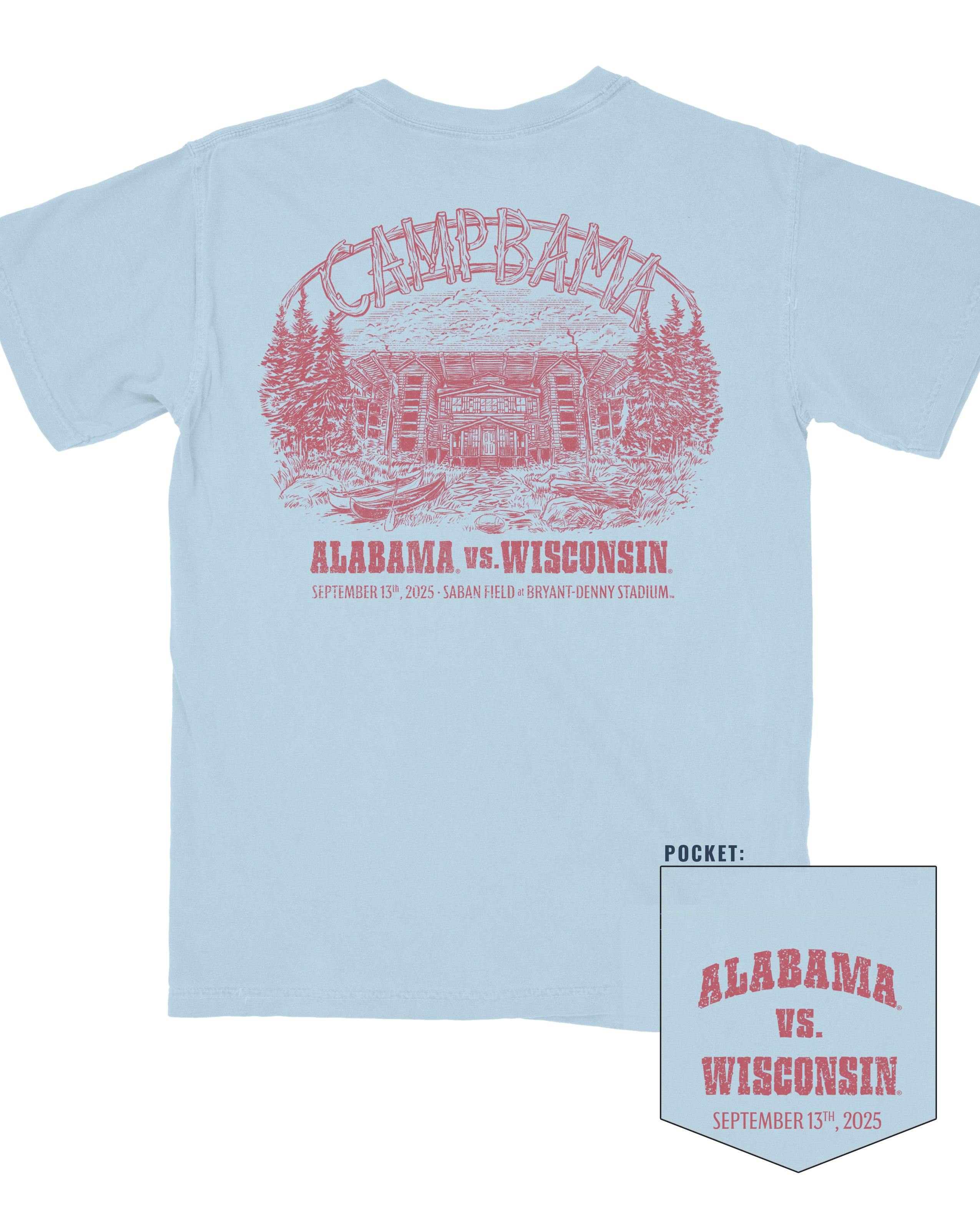 University of Alabama Chambray T-Shirt with an image of a summer camp with sticks spelling “CAMP BAMA”