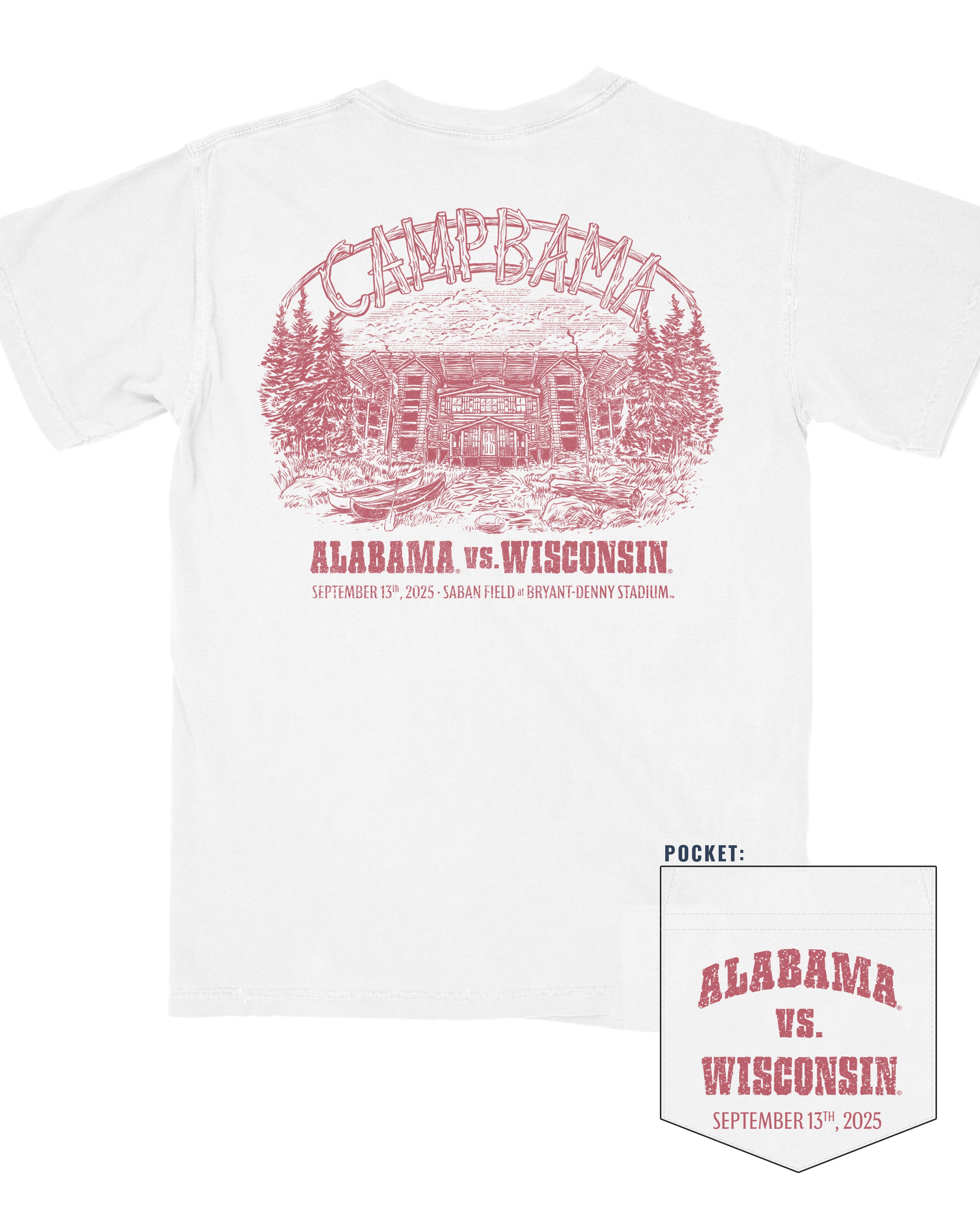 University of Alabama White T-Shirt with an image of a summer camp with sticks spelling “CAMP BAMA”