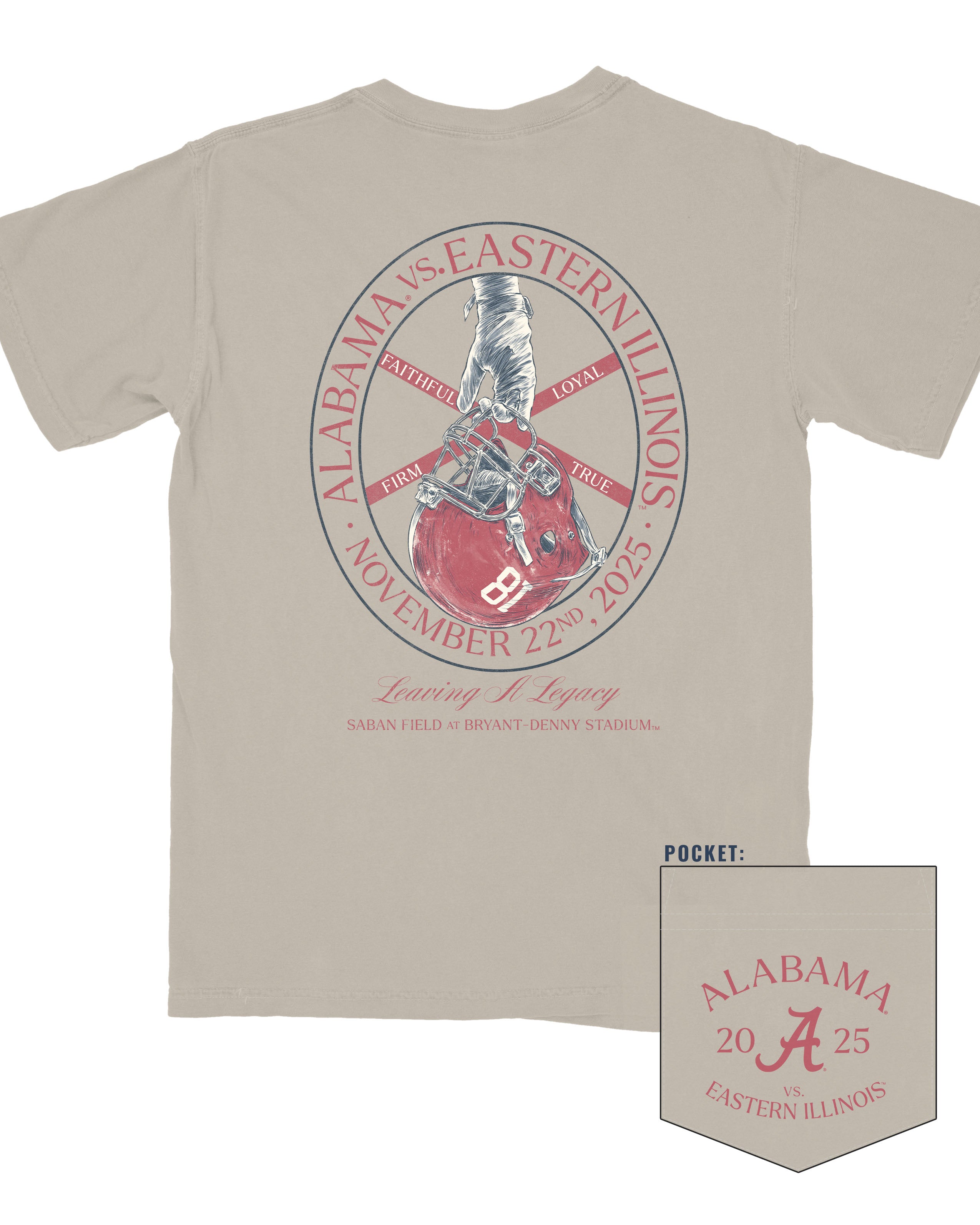 University of Alabama Beige T-Shirt with text “Alabama vs. Eastern Illinois” and “November 22nd, 2025” encircling an illustration of a hand holding a football helmet
