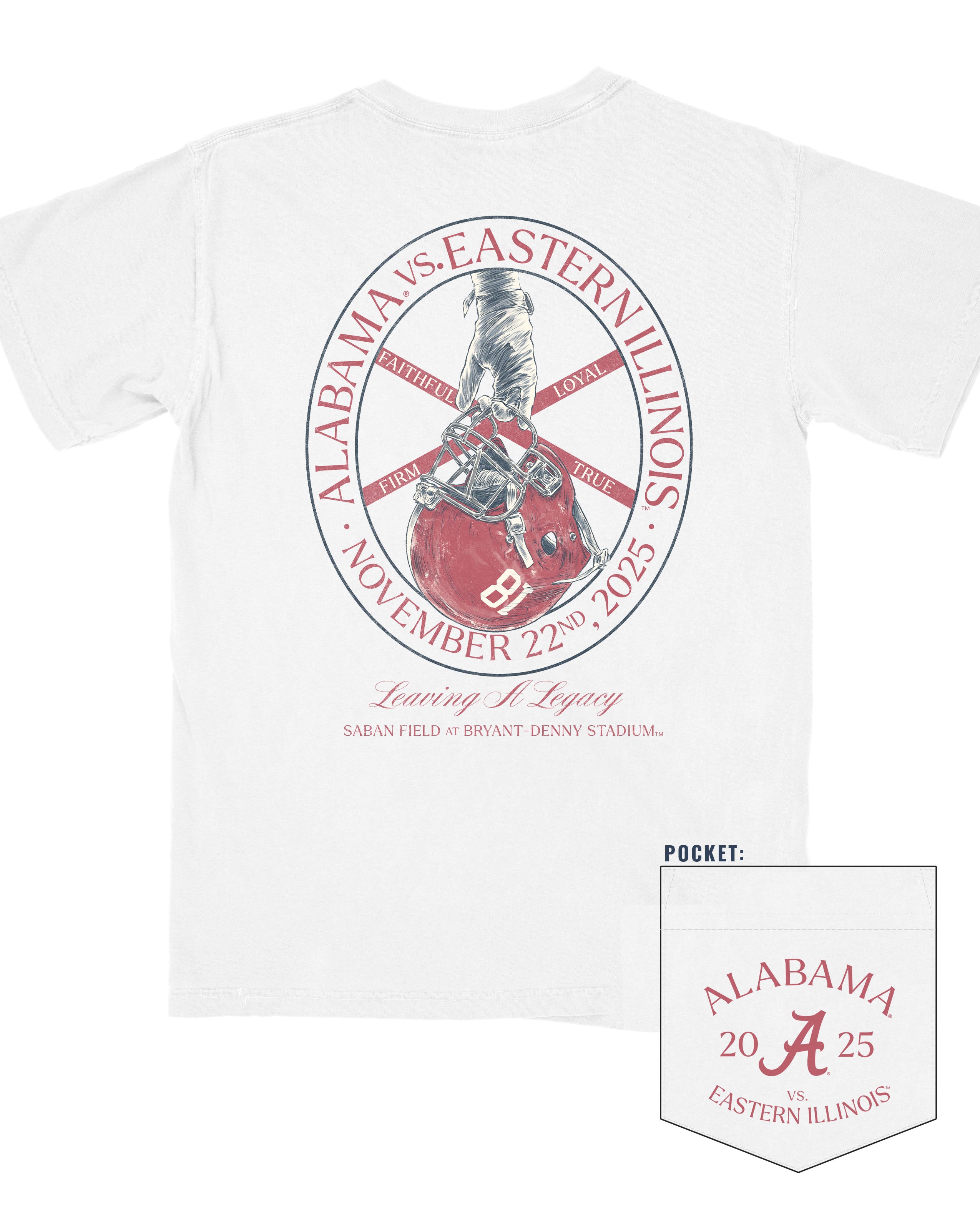 University of Alabama White T-Shirt with text “Alabama vs. Eastern Illinois” and “November 22nd, 2025” encircling an illustration of a hand holding a football helmet