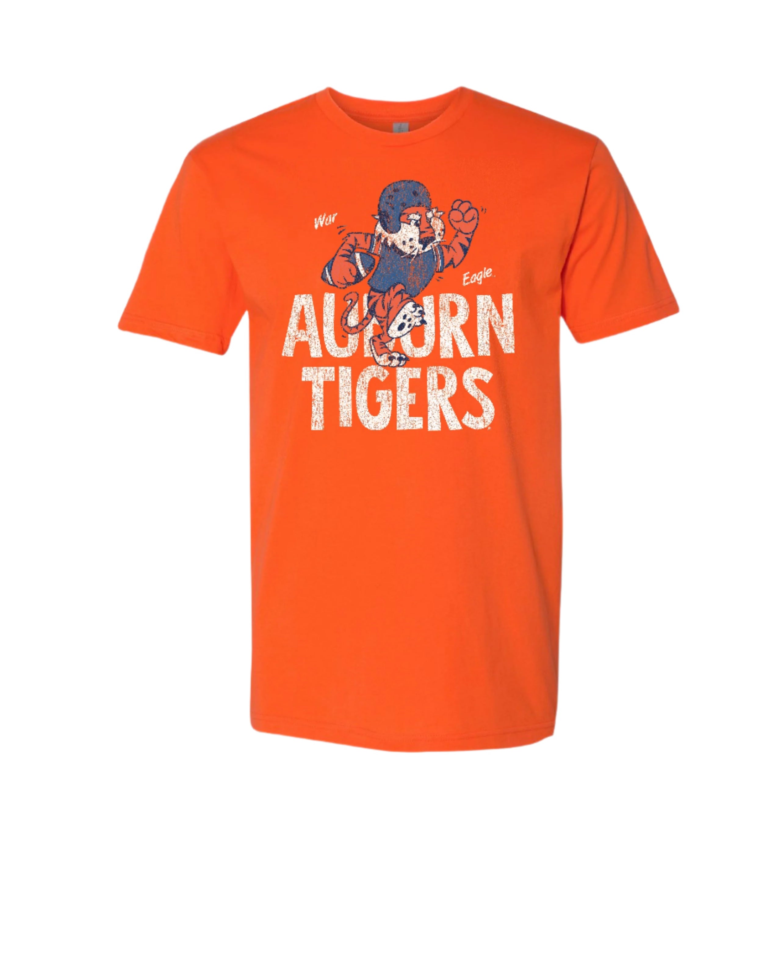 Auburn University All Auburn All Orange Bella Canvas Classic Orange T-Shirt with an image of Aubie the Tiger in a football uniform and holding a football on top of the text "Auburn Tigers"