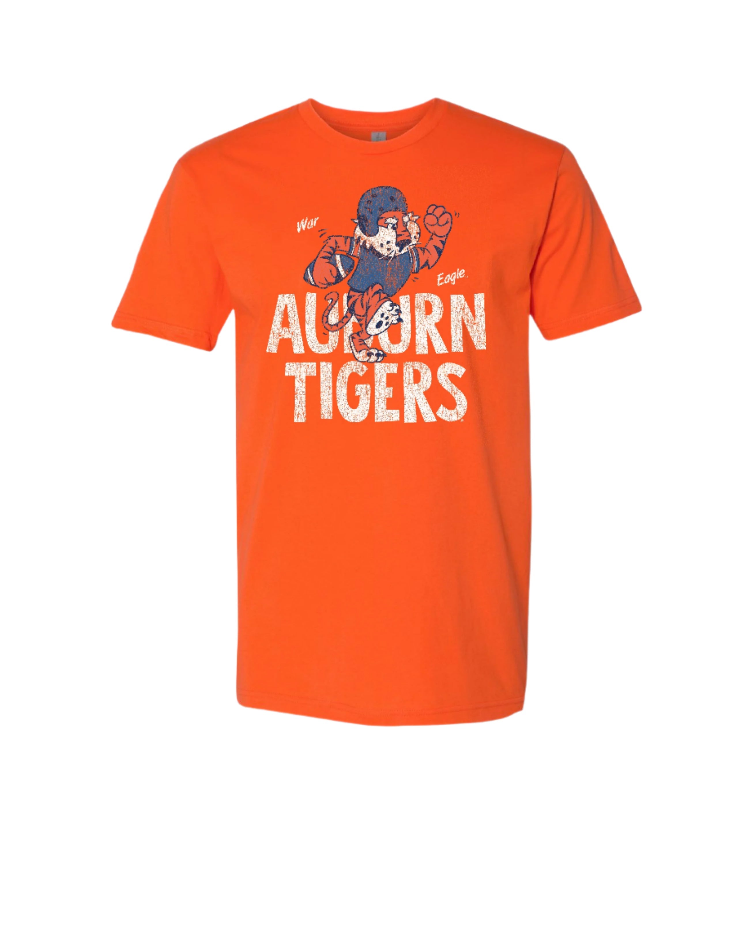Auburn University All Auburn All Orange Bella Canvas Classic Orange T-Shirt with an image of Aubie the Tiger in a football uniform and holding a football on top of the text "Auburn Tigers"