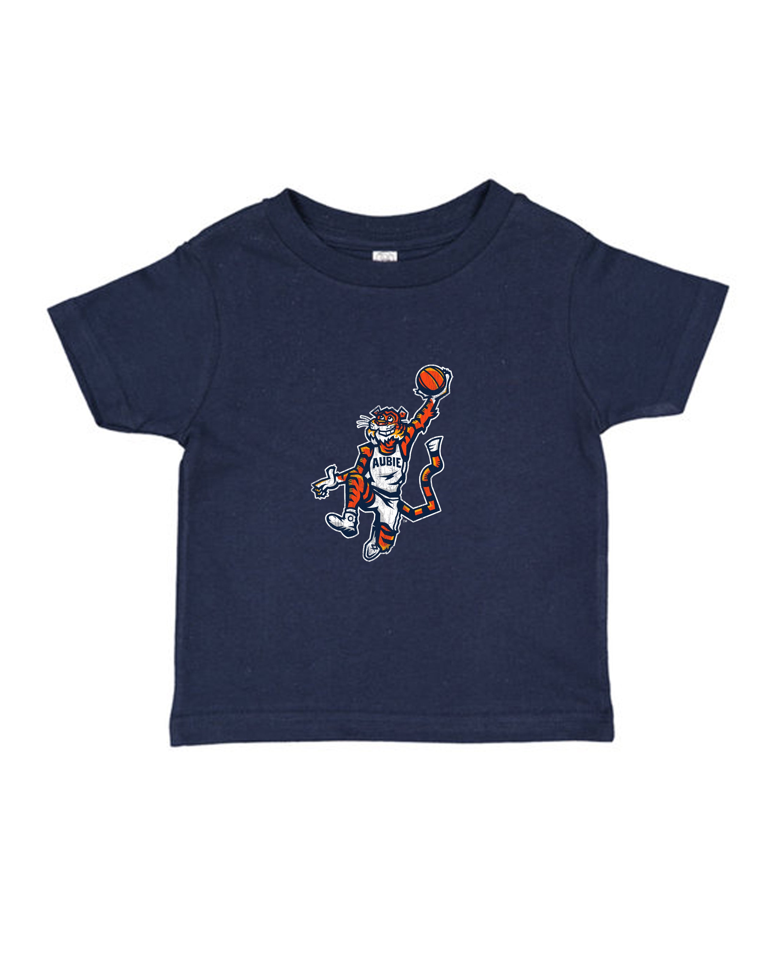 Auburn University Aubie Basketball Navy Rabbit Skins Youth Tee with and image of Aubie the Tiger in a Basketball Uniform dunking a basketball