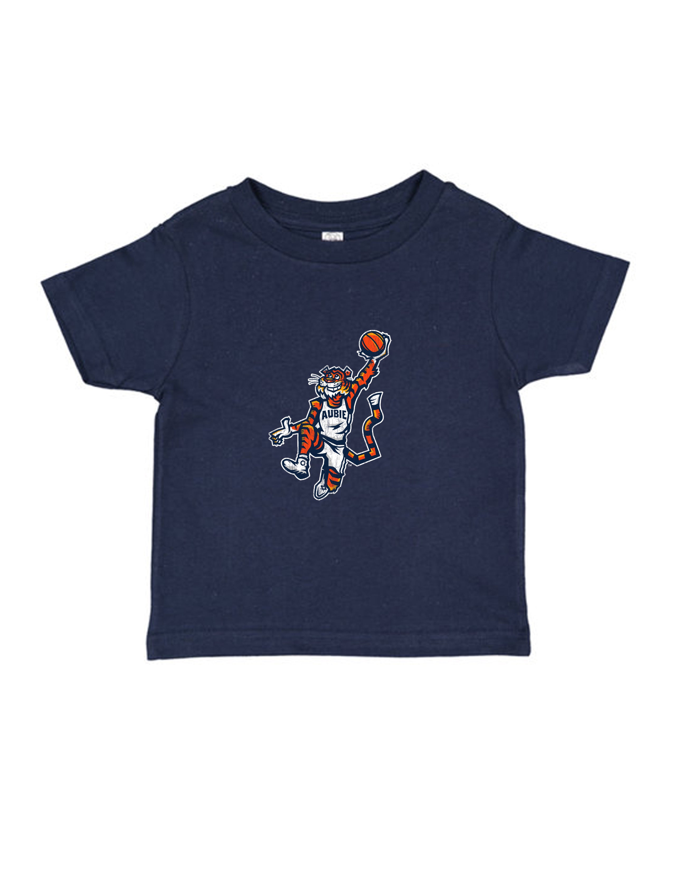 Auburn University Aubie Basketball Navy Rabbit Skins Youth Tee with and image of Aubie the Tiger in a Basketball Uniform dunking a basketball
