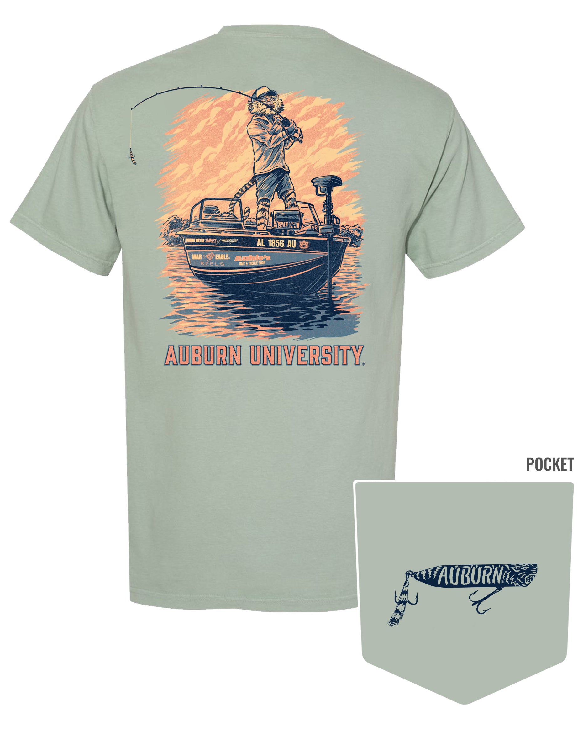 Auburn University Light Green T-Shirt with an image of Aubie bass fishing in a boat