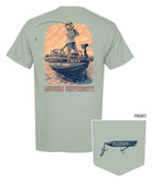 Auburn University Light Green T-Shirt with an image of Aubie bass fishing in a boat