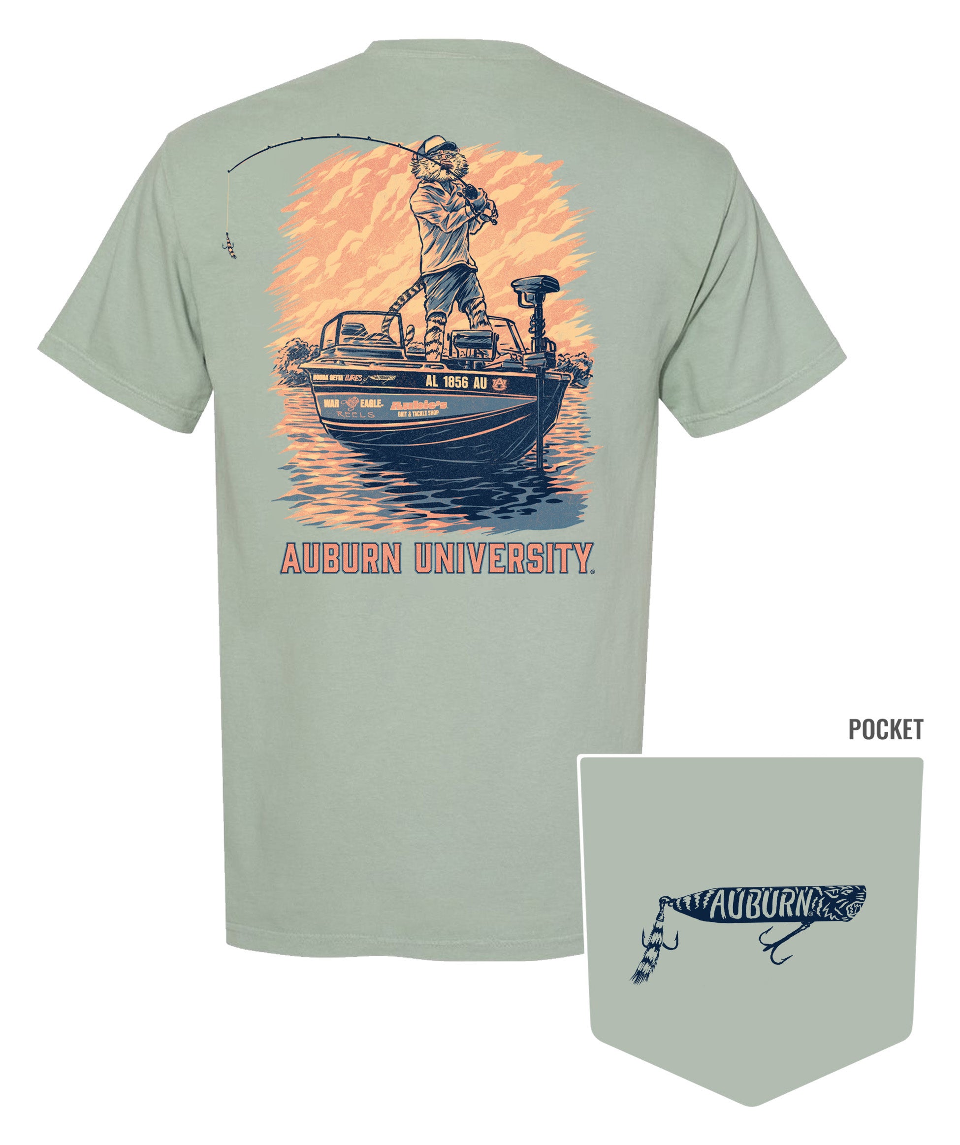 Auburn University Light Green T-Shirt with an image of Aubie bass fishing in a boat